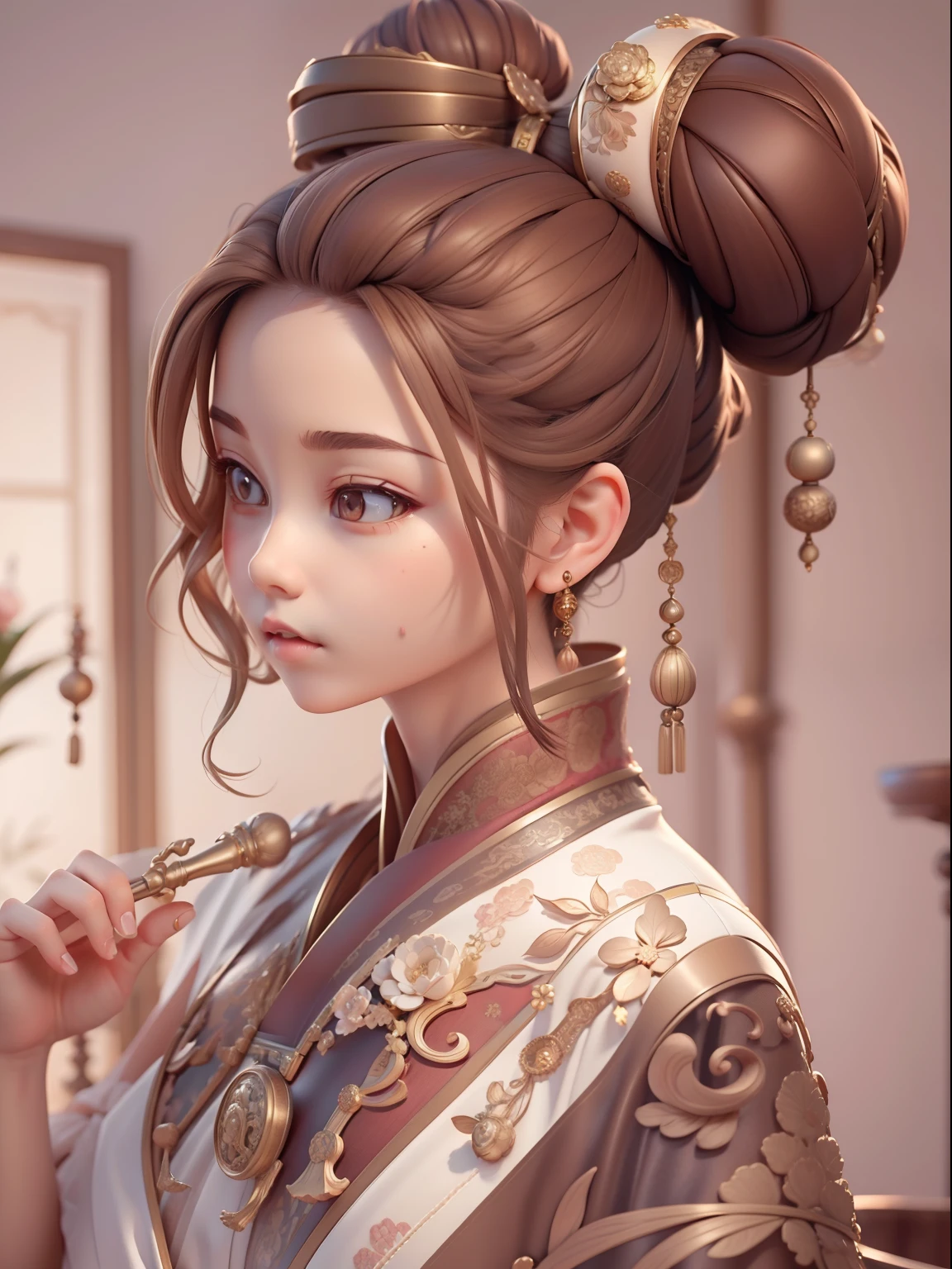 (Masterpiece, Best quality:1.2), 3 d desenho animado，1girll,Solo,Light brown hair, Chinese hair bun, Oriental antique，surrealism, Super detail, ccurate, Best quality, hyper HD, Masterpiece, Anatomically correct, A high resolution, 16k