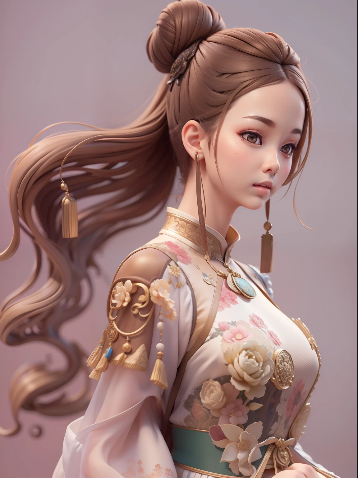 (Masterpiece, Best quality:1.2), 3 d desenho animado,1girll,Solo,Light brown hair, Chinese hair bun, Oriental antique,surrealism, Super detail, ccurate, Best quality, hyper HD, Masterpiece, Anatomically correct, A high resolution, 16k