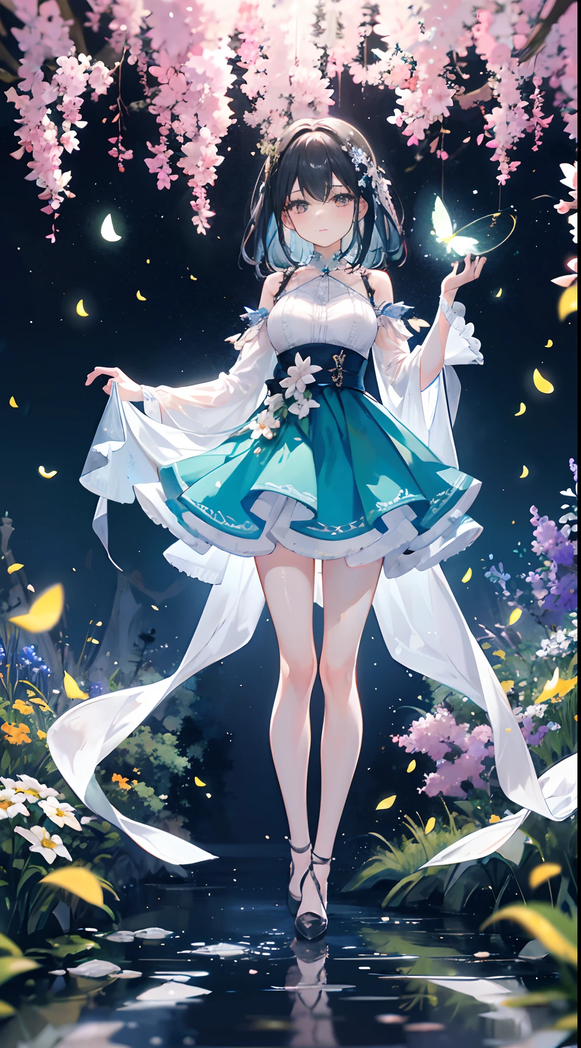 In a realm of enchantment, within a magical forest, a mystical fairy girl emerges, a radiant being adorned in gossamer threads of moonlight. her skirt, woven from petals and stardust, shimmers with an iridescent glow, reflecting the celestial canopy above. As she flutters amidst blossoming trees and twinkling fireflies, the air resonates with the ethereal symphony of nature's whispers, Create a field where dreams and reality intertwine,A dance that forms pure charm,Hosiery,Full body photo,中景 the scene is,Close-up of people