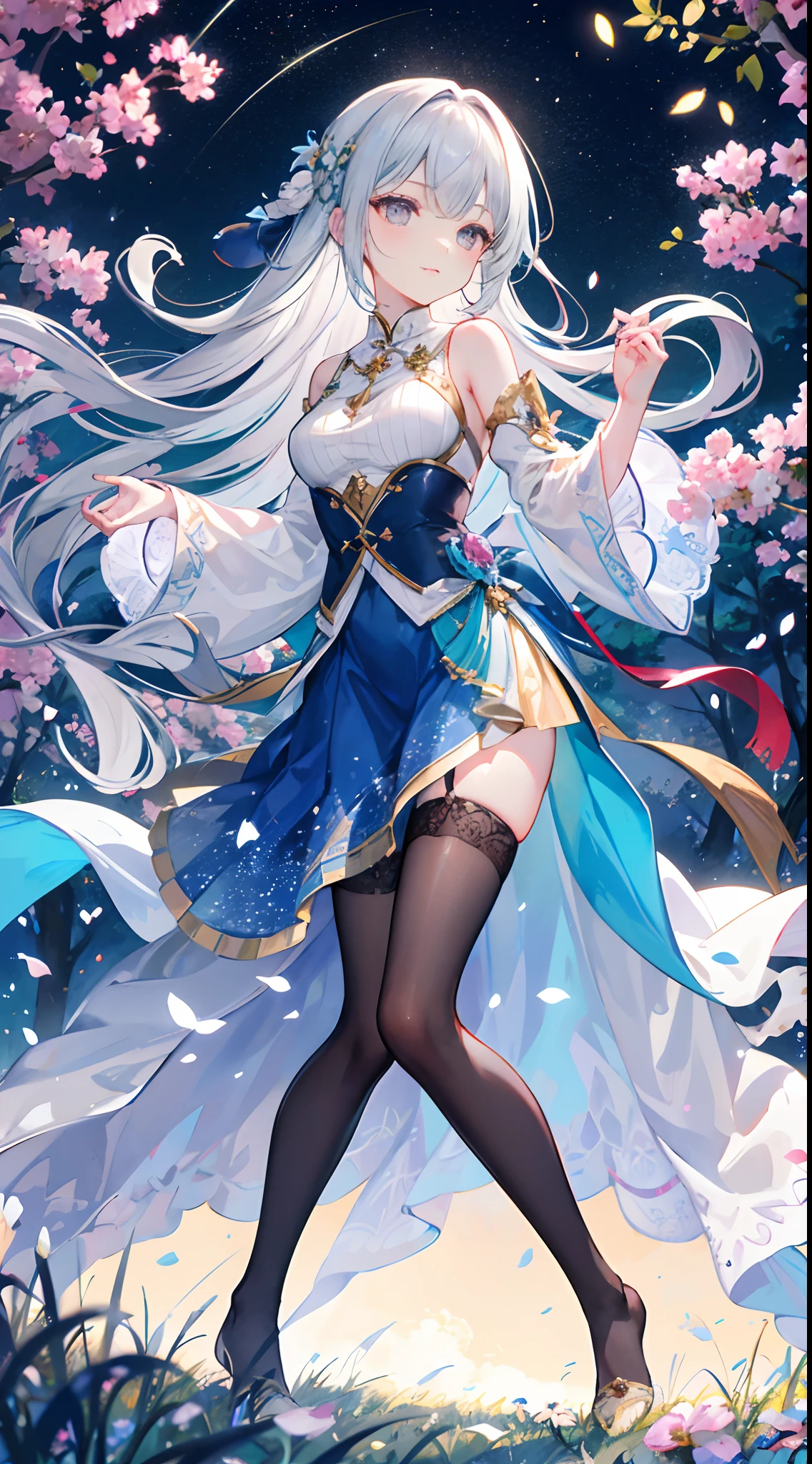 In a realm of enchantment, within a magical forest, a mystical fairy girl emerges, a radiant being adorned in gossamer threads of moonlight. her skirt, woven from petals and stardust, shimmers with an iridescent glow, reflecting the celestial canopy above. As she flutters amidst blossoming trees and twinkling fireflies, the air resonates with the ethereal symphony of nature's whispers, Create a field where dreams and reality intertwine,A dance that forms pure charm,Hosiery,Full body photo,中景 the scene is,Close-up of people