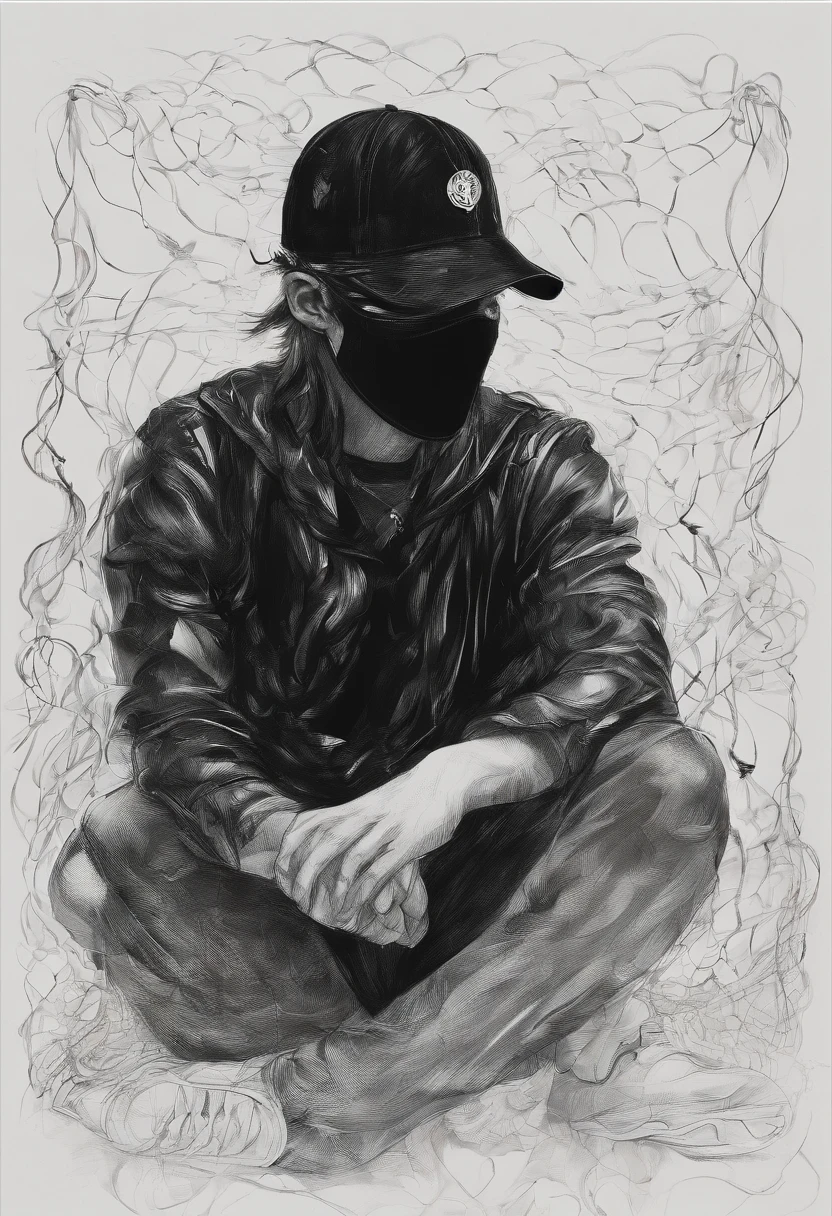 A 23year old guy wearing a black baseball cap and black face mask. he is suffering a lot of pain but can't show it he's too exhausted to escape the mental chains. his hair is shoulder length, he's against a wall, and he has an adult body