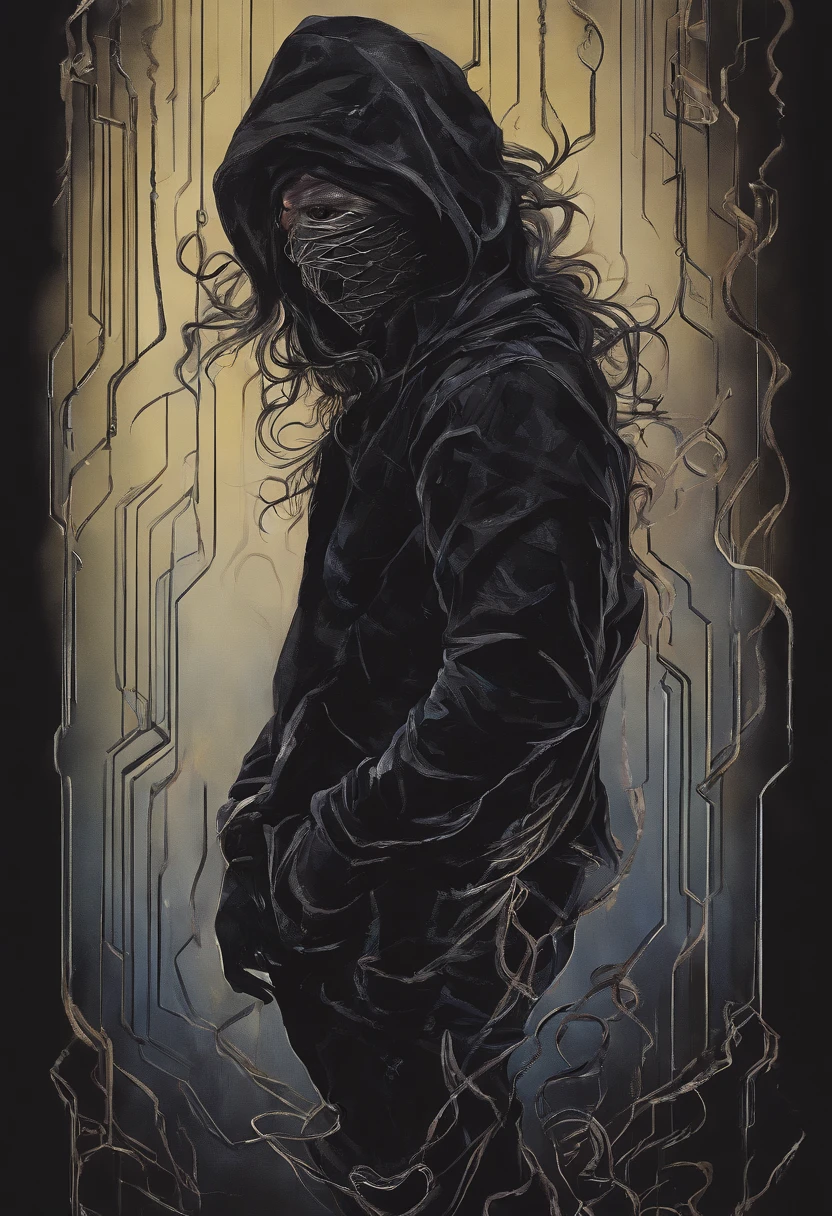 A 23year old guy wearing a black baseball cap and black face mask. he is suffering a lot of pain but can't show it he's too exhausted to escape the mental chains. his hair is shoulder length, he's against a wall, and he has an adult body