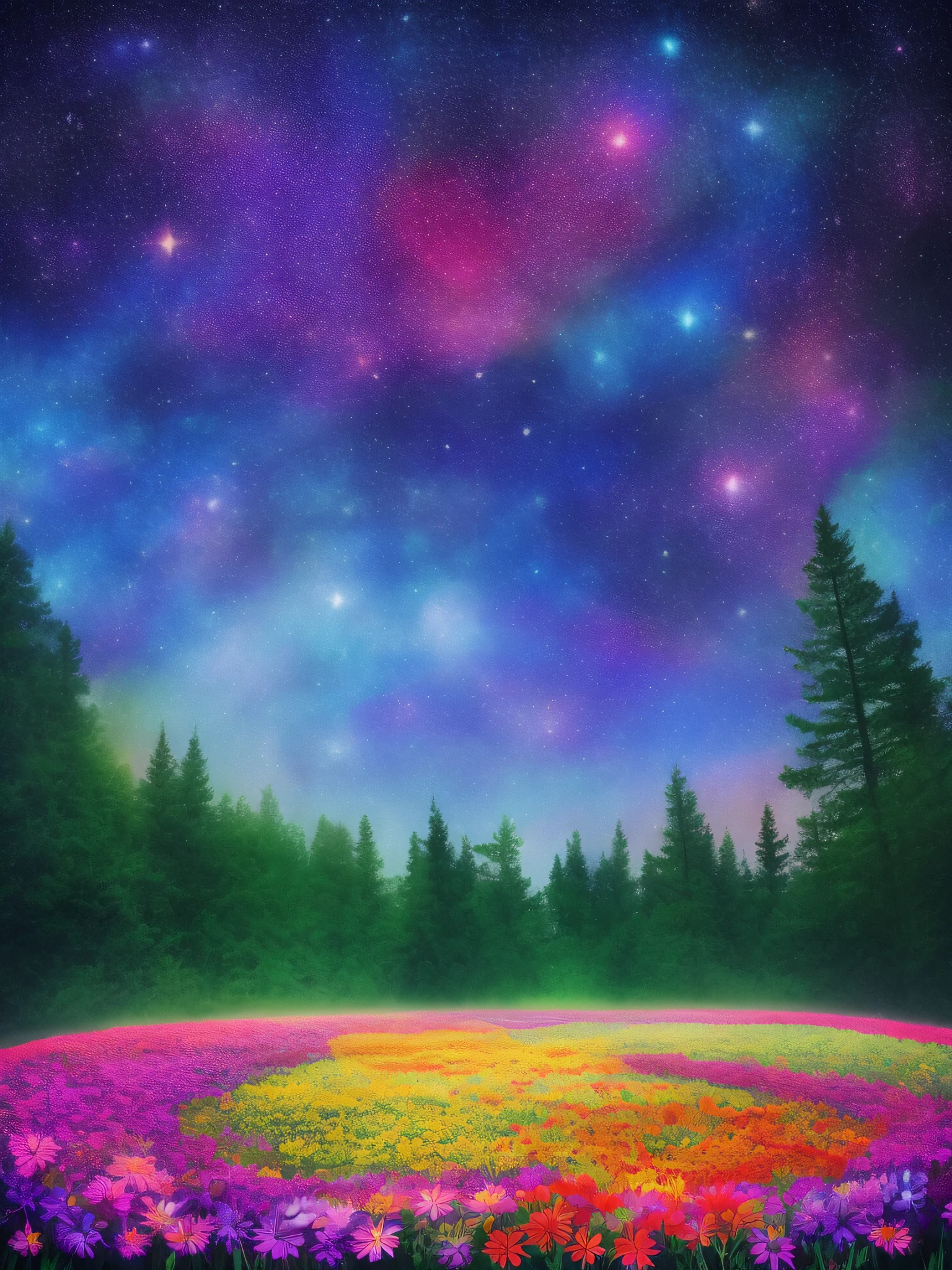 Vast beautiful forest square Colorful colored flowers々 Beautiful starry sky Mystical picture book-style illustratio