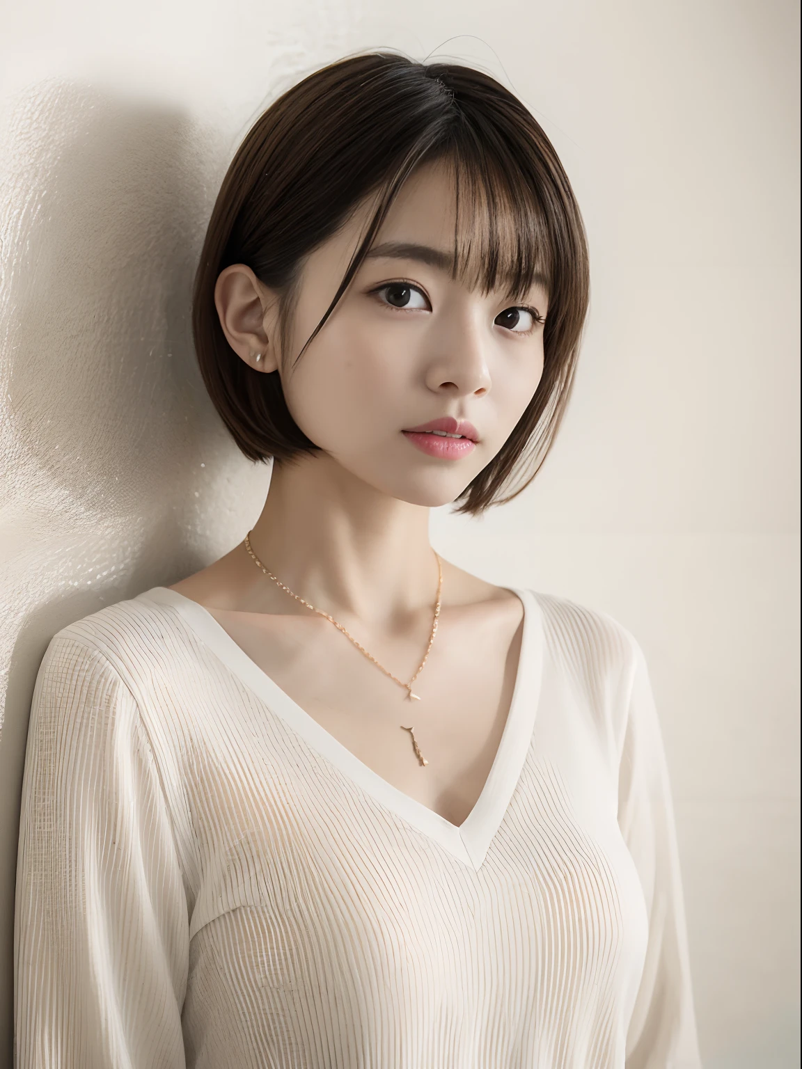 top-quality、masterpiece、hight resolution、1girl in、独奏、Raw photo、Real person、Detailed skin、White Room、studio shoot、Only the wall、White walls only、fully body photo、japanes、short-cut、fully body photo、a necklace、White shirt、modeled