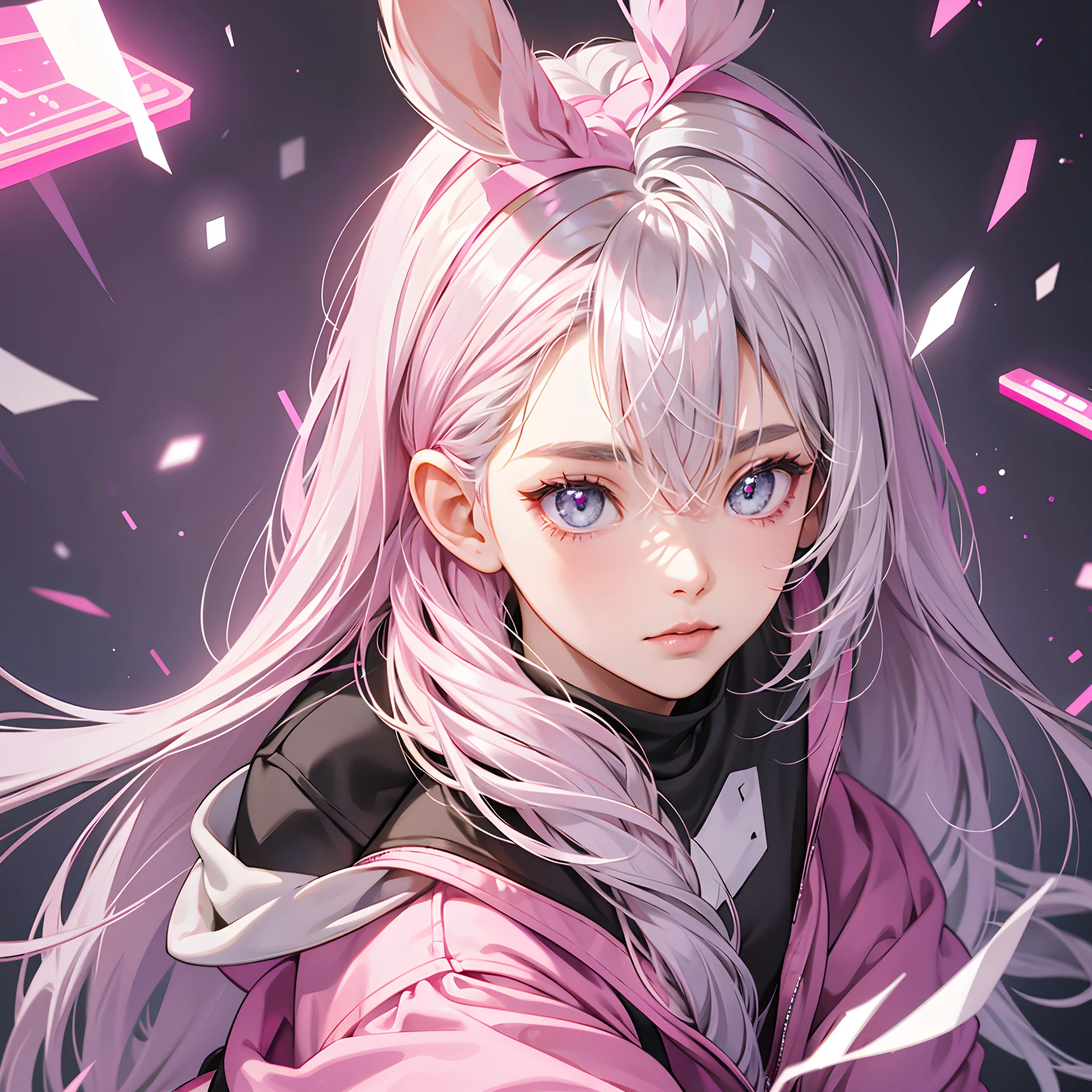 "Create games for girls, Her gray hair，Wears pink ears, Her eyes matched the same pink color, The background is mainly pink, and over 4K quality.  "