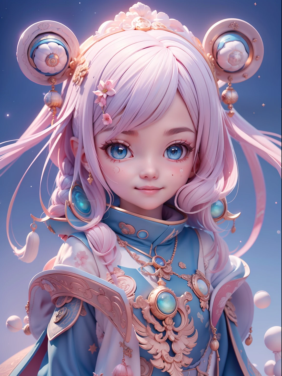 Chinese hair bun, Oriental antique, Cute and beautiful {Russian} Blue eyes ??? girl in spaceship and spaceship,As well as UFOs wearing clothes with geometric sacred symbols, In Earth orbit, Northern Lights, Ultra-realistic soft sunlight lighting, {smooth soft skin}, Sharp eyes, beautiful intricate {Pink and white and soft blue hair}, soft pink lips, Symmetrical face, Anime Big blue eyes, Soft lighting, Gently {Shy smile}, Cute smile, looking at the camera in, highly detailed {There are reflective eyes}, Bright, Soft light shines from behind, {Sacred geometric and geometric symbols on the face}, stars, sky, sacred geometry, Light language saves the background, neonlight, (lightroom) Red:68% Blue:41% Green:37% filmgrain_minimal, Texture:+25%, Clarity: +40%, Contrast:+15%, Shadows: +11% , Sharpen:100%
