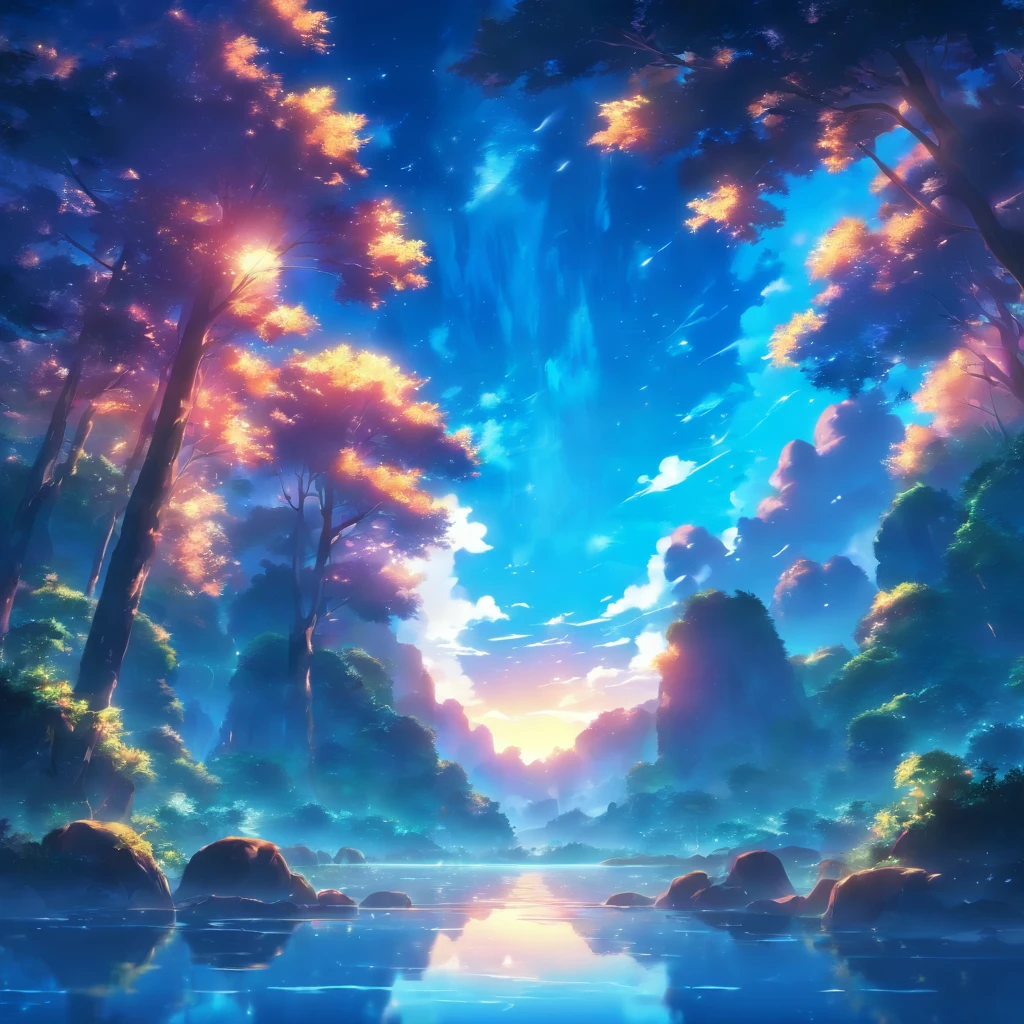 Official art, 8k Wallpaper, best quality, masterpiece, perfect image, ultra detailed, high quality, clean image, pacific forest background, blue forest, blue trees, blue grass, blue ilumination, beautiful blue lights, night time, crystalline lake, blue lake, breathtaking beauty, volumetric lighting, volumetric shadows, sharp focus, Background with: trees, sunrise, water, leaves, rocks, clouds.