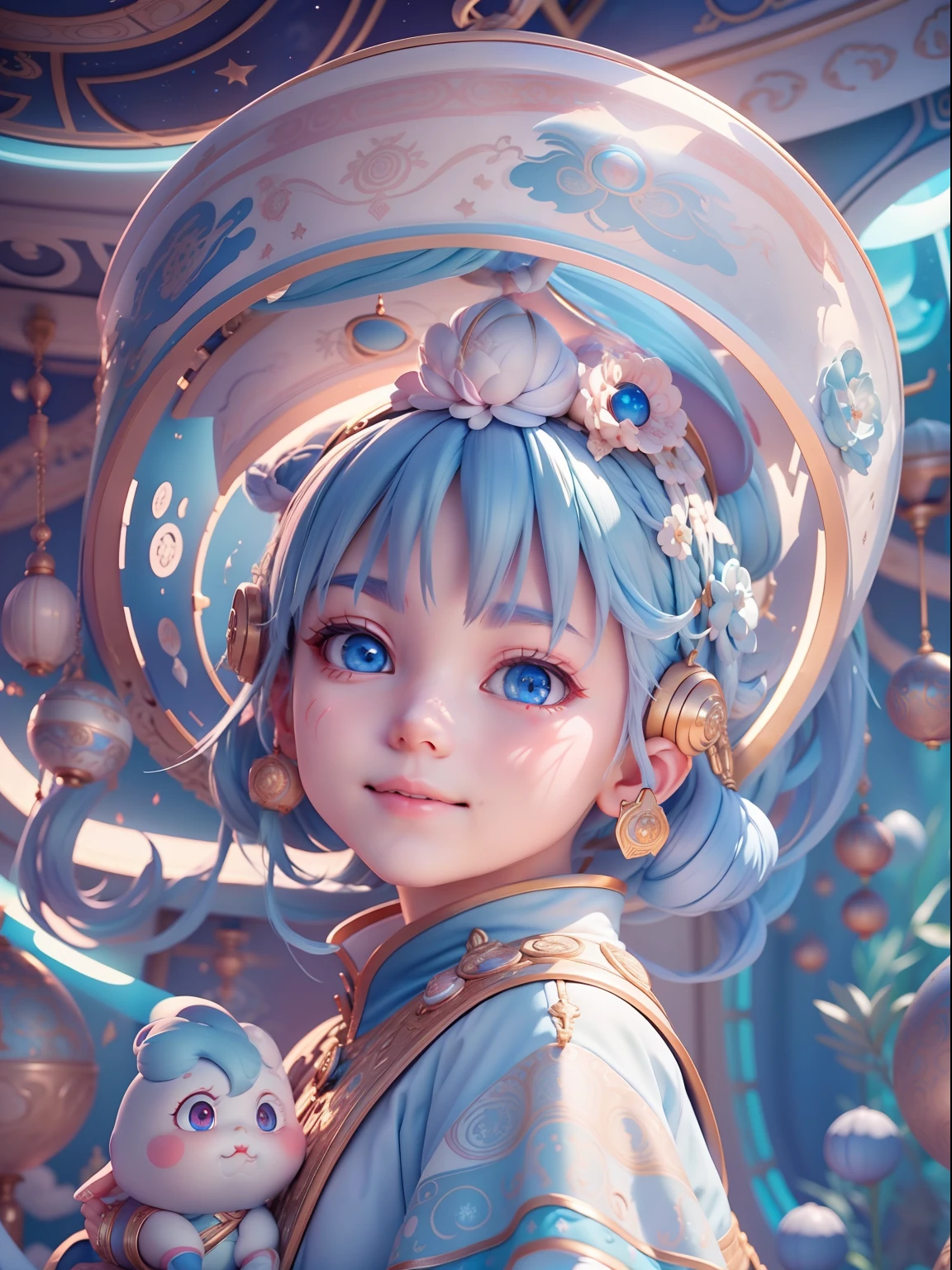 Chinese hair bun, Oriental antique, Cute and beautiful {Russian} Blue eyes girl in spaceship and spaceship,As well as UFOs wearing clothes with geometric sacred symbols, In Earth orbit, Northern Lights, Ultra-realistic soft sunlight lighting, {smooth soft skin}, Sharp eyes, beautiful intricate {Pink and white and soft blue hair}, soft pink lips, Symmetrical face, Anime Big blue eyes, Soft lighting, Gently {Shy smile}, Cute smile, looking at the camera in, highly detailed {There are reflective eyes}, Bright, Soft light shines from behind, {Sacred geometric and geometric symbols on the face}, stars, sky, sacred geometry, Light language saves the background, neonlight, (lightroom) Red:68% Blue:41% Green:37% filmgrain_minimal, Texture:+25%, Clarity: +40%, Contrast:+15%, Shadows: +11% , Sharpen:100%