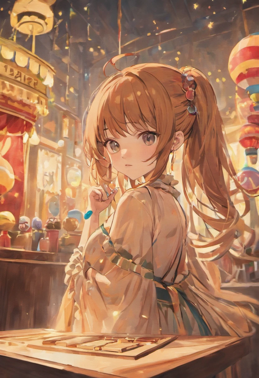 beautiful girl (24 years old), brown hair, hair buns, ((curtains bangs)), wearing gucii dress party, birthday cake on table, balloon, forehead