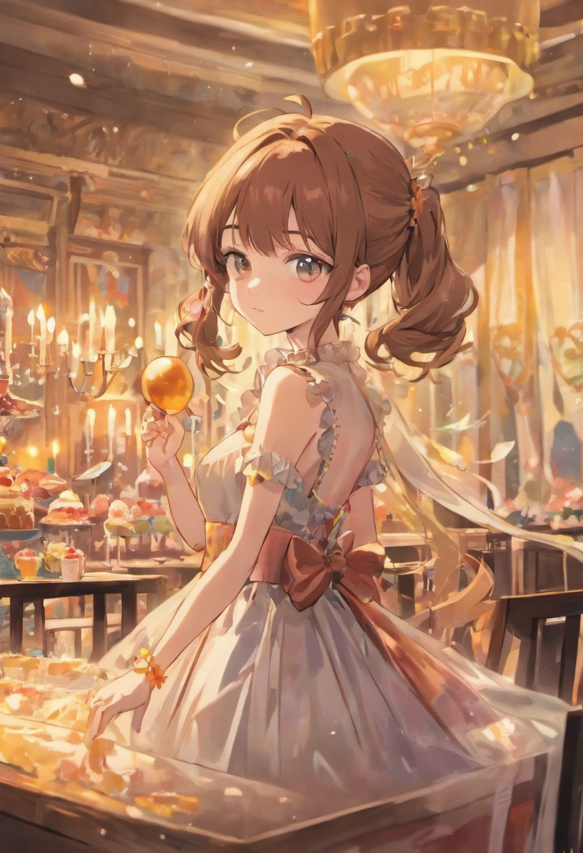beautiful girl (24 years old), brown hair, hair buns, ((curtains bangs)), wearing gucii dress party, birthday cake on table, balloon, forehead