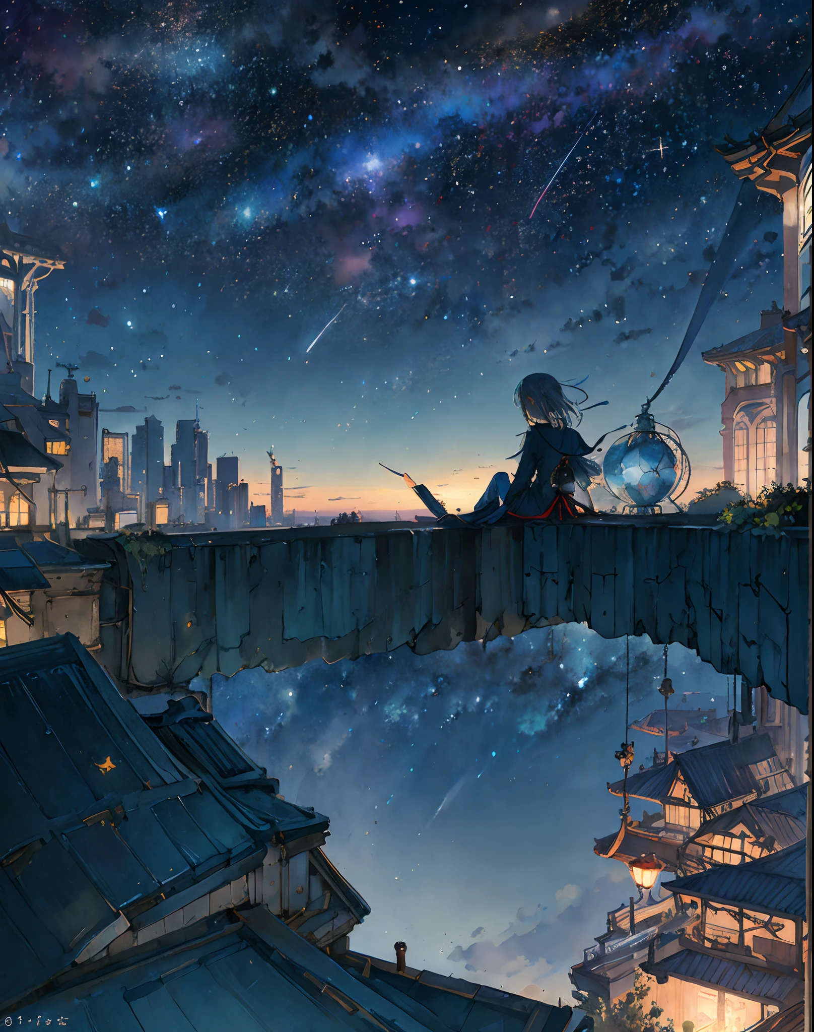 best quality, masterpiece, extremely detailed, detailed background, anime, 1girl, young girl, short girl, sci-fi, science fiction, outdoors, night, starry sky, greenhouse, megastructure, bio-dome, landscape, scenery, horizon, rooftop, sitting on rooftop, wind, looking away, atmospheric lighting, solo focus, close up, from side, depth of field, bokeh