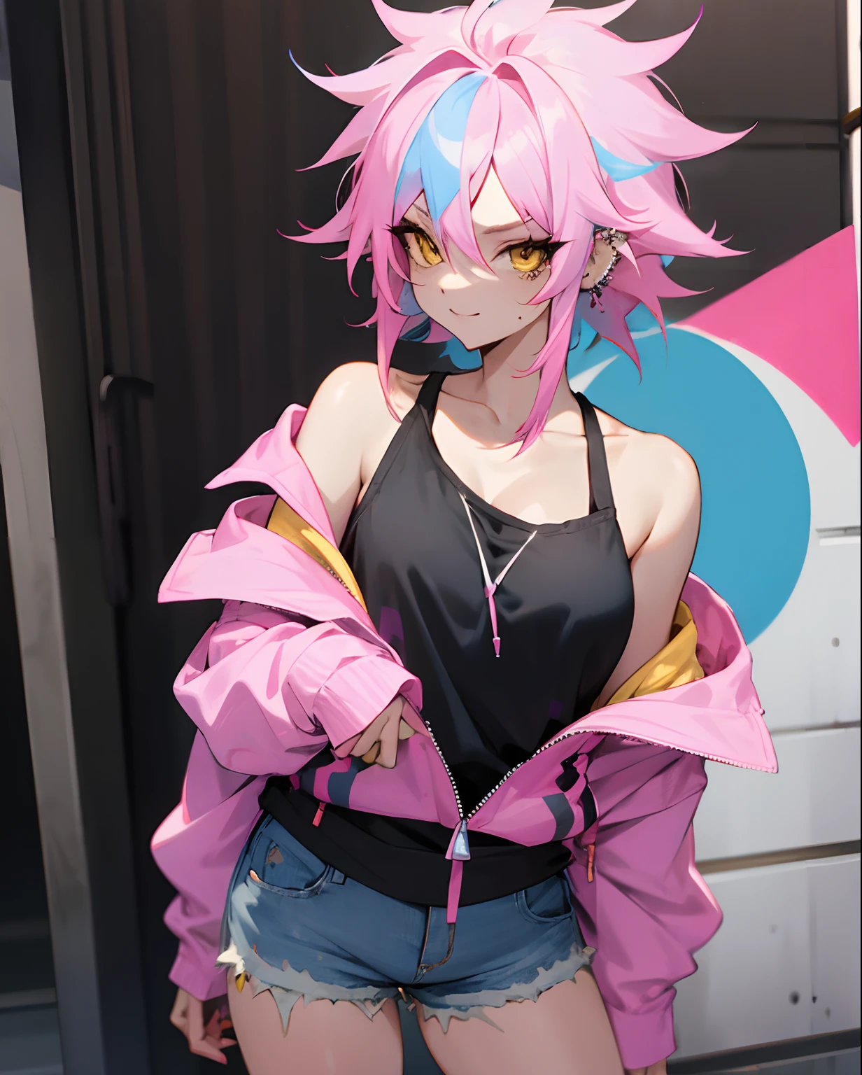 Woman, pink hair with blue streaks, tattoo, piercings, off-shoulder hoodie, white tank top, street, shorts, Anime, delinquent, messy hair, yellow eyes, happy