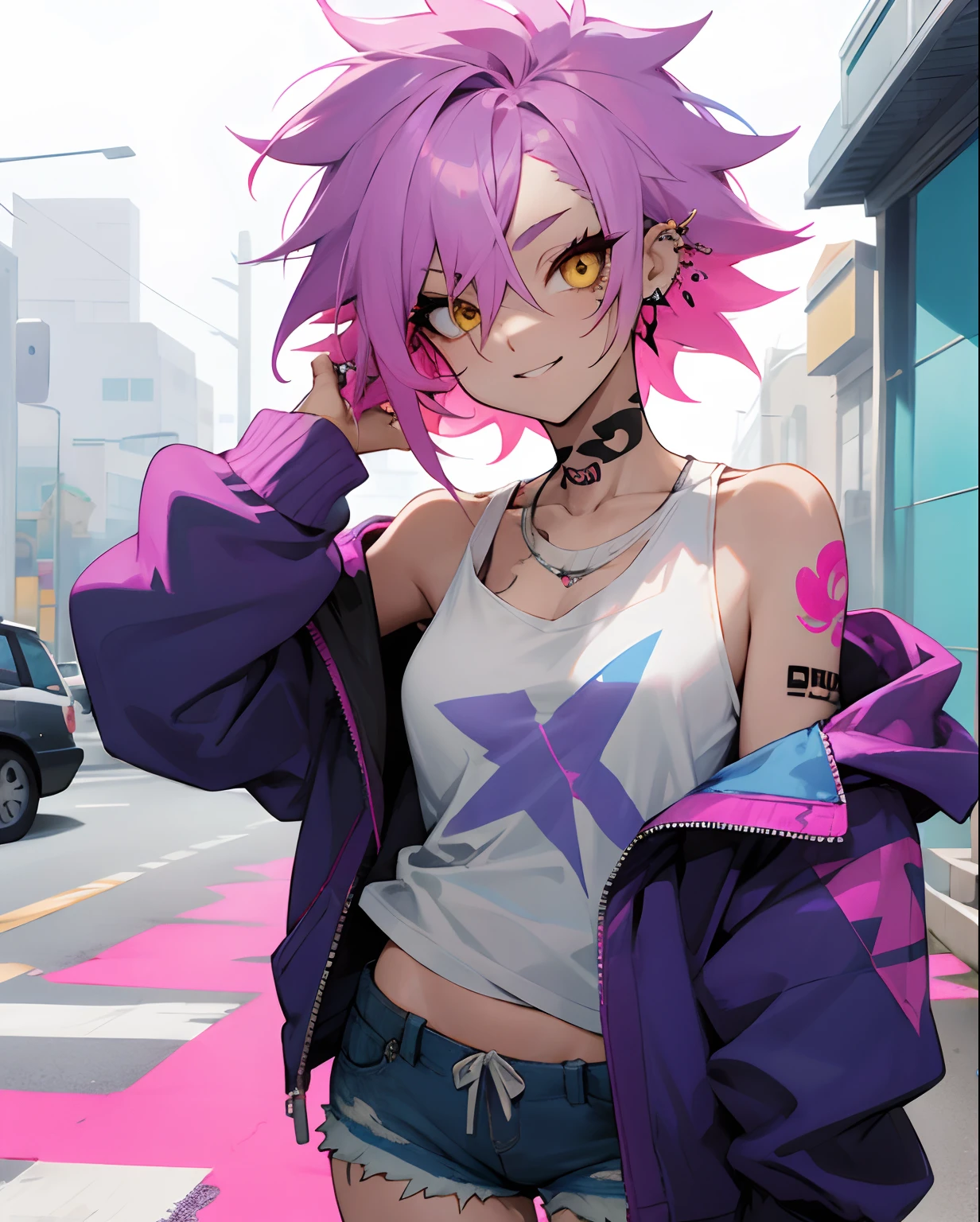 Woman, pink hair with blue streaks, tattoo, piercings, off-shoulder hoodie, white tank top, street, shorts, Anime, delinquent, messy hair, yellow eyes, happy