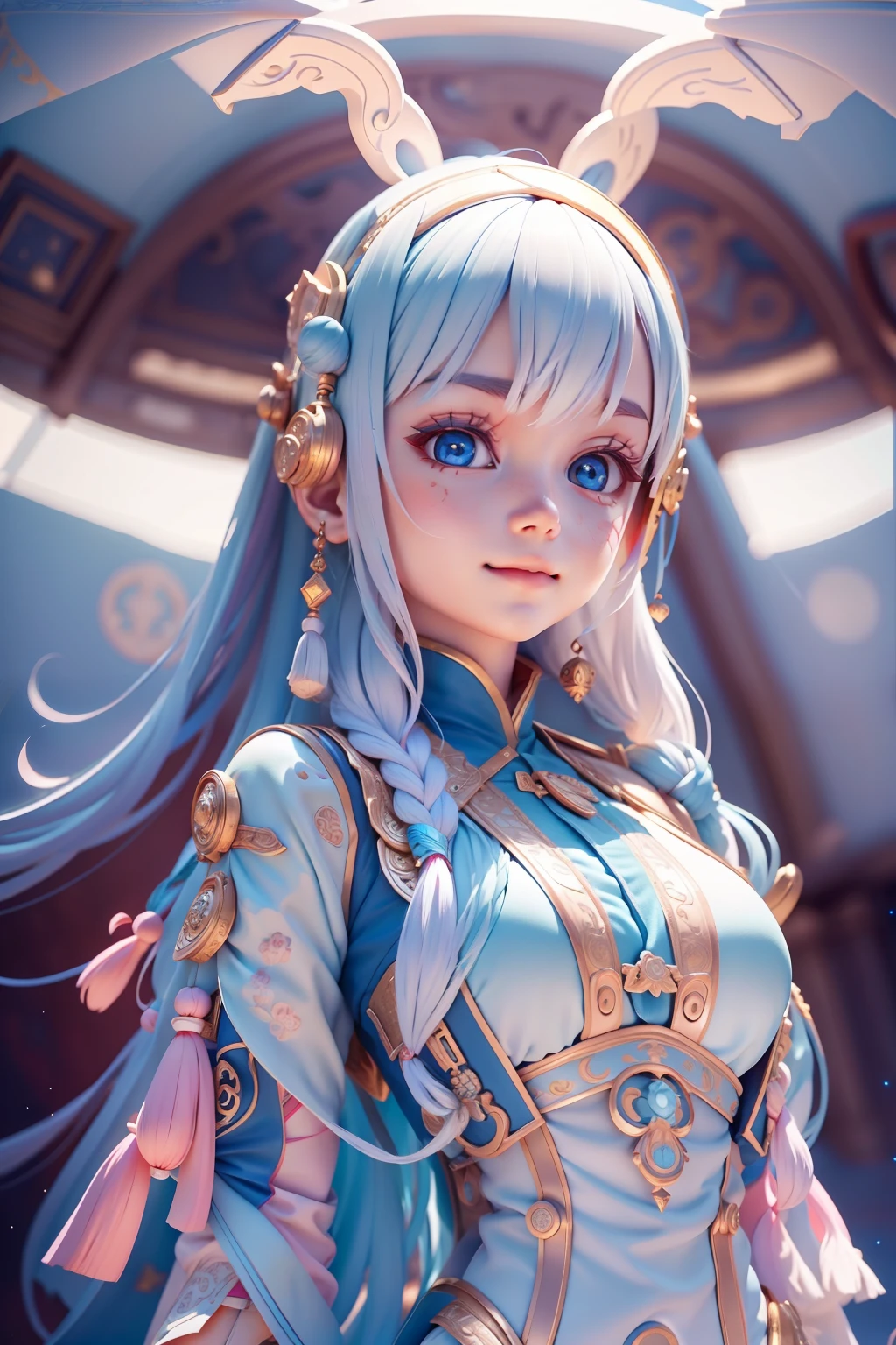 Chinese hair bun, Oriental antique， Cute and beautiful {Russian} Blue eyes ??? girl in spaceship and spaceship，As well as UFOs wearing clothes with geometric sacred symbols, In Earth orbit, Northern Lights, Ultra-realistic soft sunlight lighting, {smooth soft skin}, Sharp eyes, beautiful intricate {Pink and white and soft blue hair}, soft pink lips, Symmetrical face, Anime Big blue eyes, Soft lighting, Gently {Shy smile}, Cute smile, looking at the camera in, highly  detailed {There are reflective eyes}, Bright, Soft light shines from behind, {Sacred geometric and geometric symbols on the face}, stars, sky, sacred geometry, Light language saves the background, neonlight, (lightroom) Red:68% Blue:41% Green:37% filmgrain_minimal, Texture:+25%, Clarity: +40%, Contrast:+15%, Shadows: +11% , Sharpen:100%