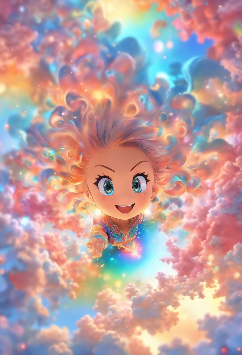 (Masterpiece, Top quality, Best quality, aquarelle (mediating), offcial art, Beautiful and aesthetic: 1.2), (1 girl: 1.3), (Fractal art: 1.3), Morning, Good morning, Smile, Sunny day, cheerful big breasts, view the viewer, Pattern, wave, (rainbow colour hair, Colorful hair: 1.2), sky, Gas, Clouds, Colorful, Soap bubbles