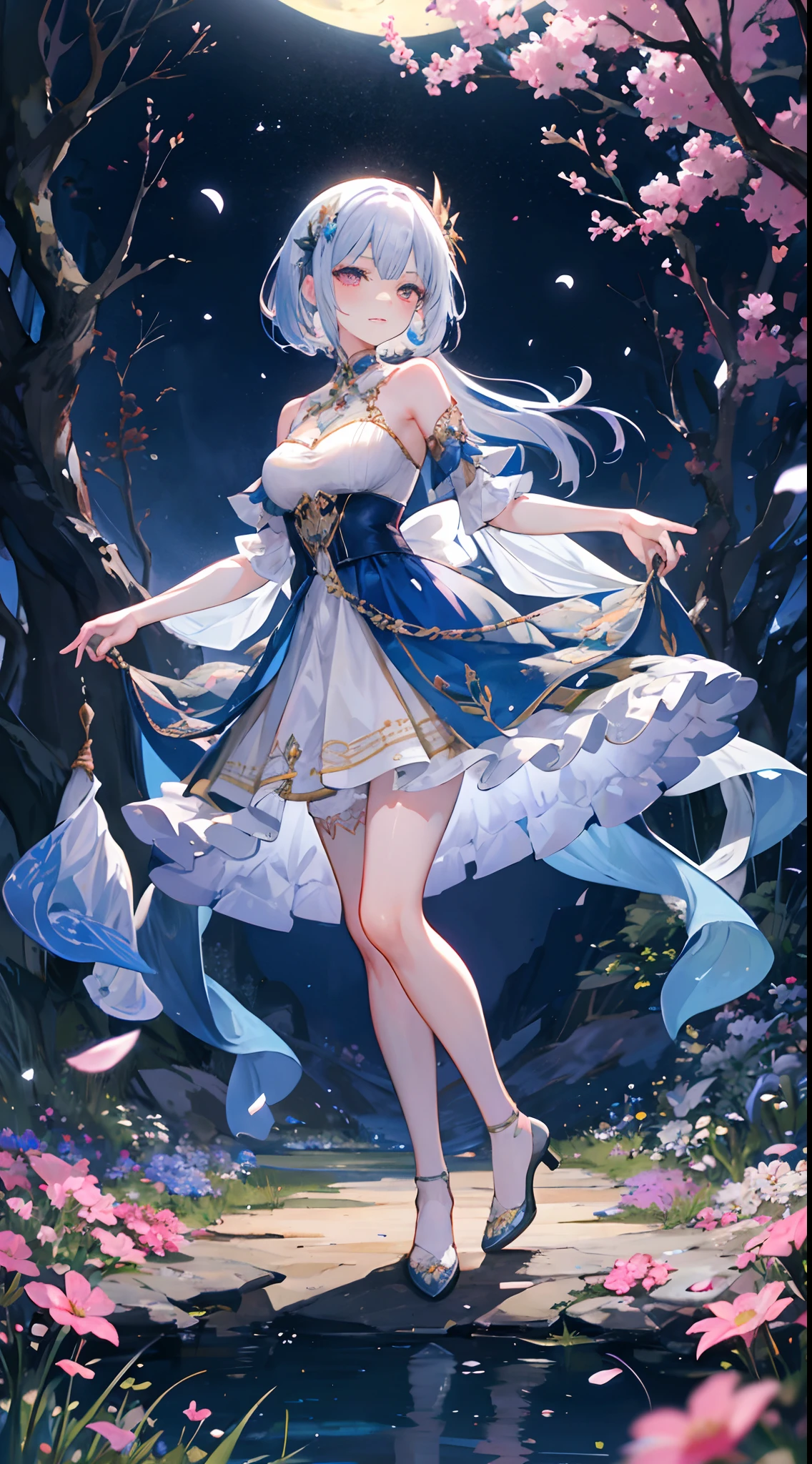 In a realm of enchantment, within a magical forest, a mystical fairy girl emerges, a radiant being adorned in gossamer threads of moonlight. her skirt, woven from petals and stardust, shimmers with an iridescent glow, reflecting the celestial canopy above. As she flutters amidst blossoming trees and twinkling fireflies, the air resonates with the ethereal symphony of nature's whispers, Create a field where dreams and reality intertwine,A dance that forms pure charm,Hosiery,Full body photo,中景 the scene is,Close-up of people