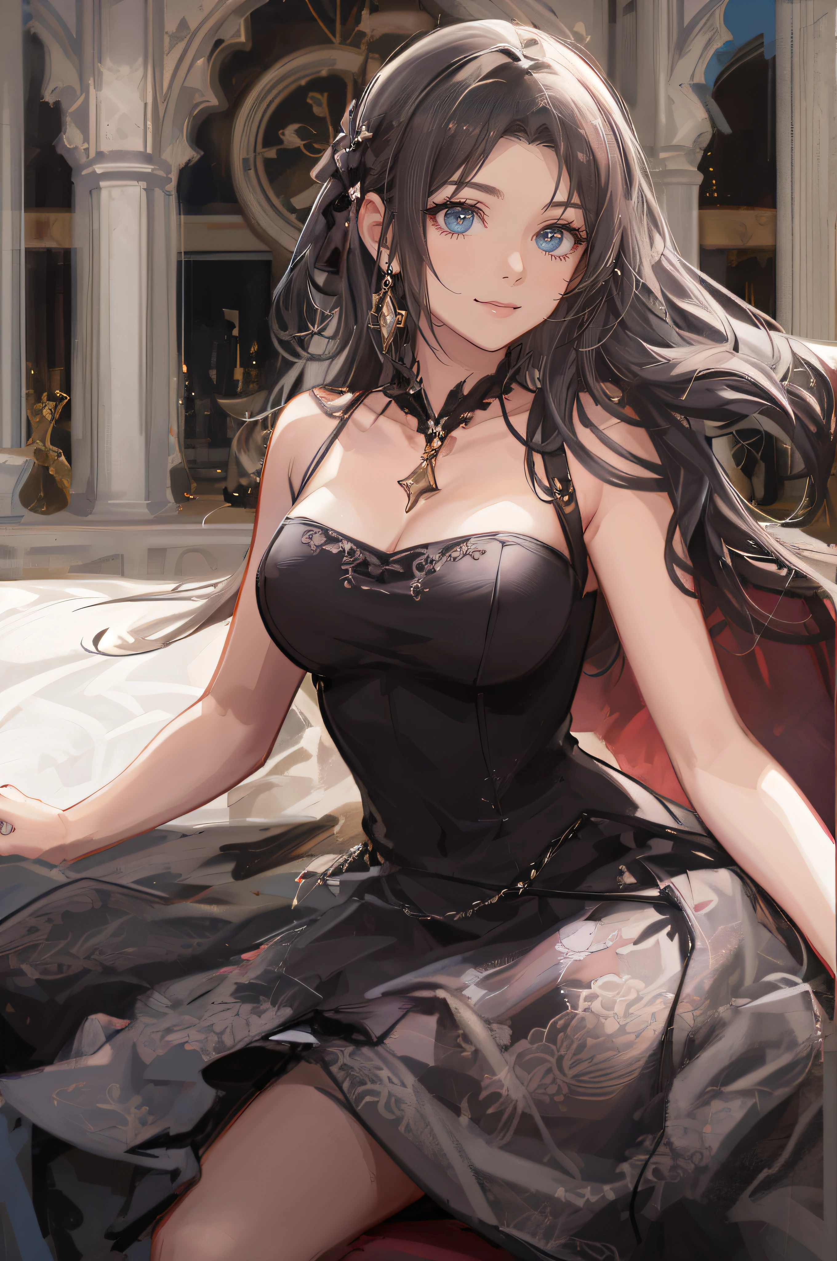 (masterpiece:1.3, top-quality, ultra high res, ultra detailed), (realistic, photorealistic:1.4), beautiful illustration, perfect lighting, natural lighting, colorful, depth of fields, surrealism,
beautiful detailed hair, beautiful detailed face, beautiful detailed eyes, beautiful clavicle, beautiful body, beautiful chest, beautiful thigh, beautiful legs, beautiful fingers, shiny skin, babyface,
looking at viewer, selfie, 1 girl, high school girl, (perfect anatomy, anatomically correct, super detailed skin), cute and symmetrical face, perfect face, perfect eyes,
(middle hair, twin drill, silver hair), hide one eye with bangs, red eyes, big eyes, (round eyes), glossy lips, long eyelashes, (large breasts:1.5, seductive thighs), (beautiful chest line), attractive big breasts, (slim body shape:1.4, a woman with a slender figure and big breasts),
(((goth dress, black and purple gothic lolita dress, voluminous skirt:1.2, big ribbon, headdress, ornaments made with delicate craftsmanship, lace fabric, delicate embroidery and frills, see-through material was used))), clavicle,
(beautiful scenery), evening, (luxury room, red sofa with decoration, soft light), ((baroque:1.1)), standing:1.2, ((facing the front:1.2)), (elegant posture:1.5, posing for a photo shoot, sexy pose), (((very relaxed smile:1.5, happy expression))),