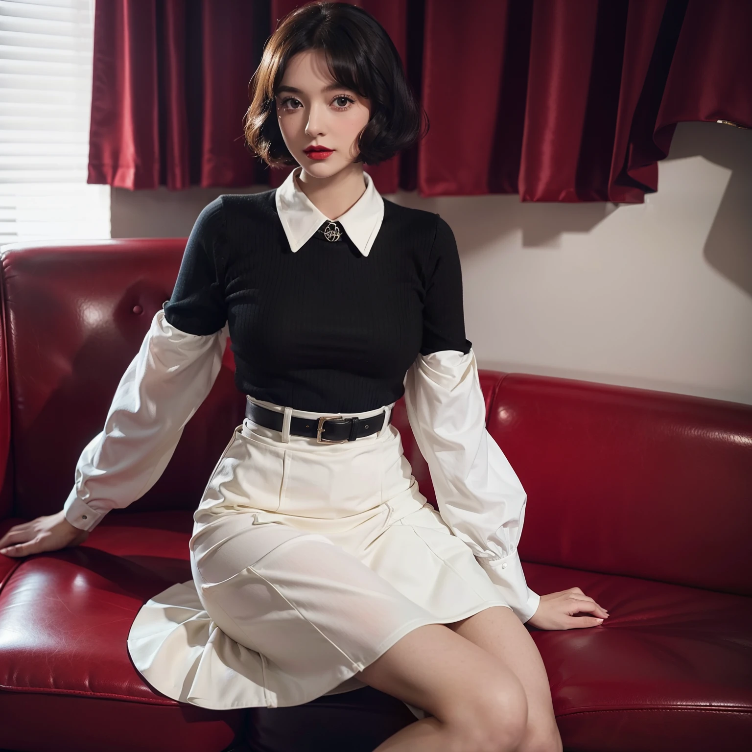 Mallory Malone's costume description is very detailed and、、、Features a unique and interesting style. In a white long-sleeved blouse of your choice、A fitted black knee-length skirt with red accents creates a striking visual contrast. The addition of a black heel with ankle strap is、Adds a classy touch to the look. Apart from clothes, Vintage 1950s Bob Hairstyles、Adds a retro and timeless element to Mallory Malone's style. This type of hairstyle is、Known for its neat and short appearance, Typically、Jaw length with both ends turned inward. This hairstyle selection is、Add a vintage touch to the look、Complements Mallory's overall style. Makeup also plays an important role in the appearance of Mallory Malone. Although there are no specific details about makeup mentioned in the description, It is possible to imagine that she may be rocking a 1950s-inspired look.
