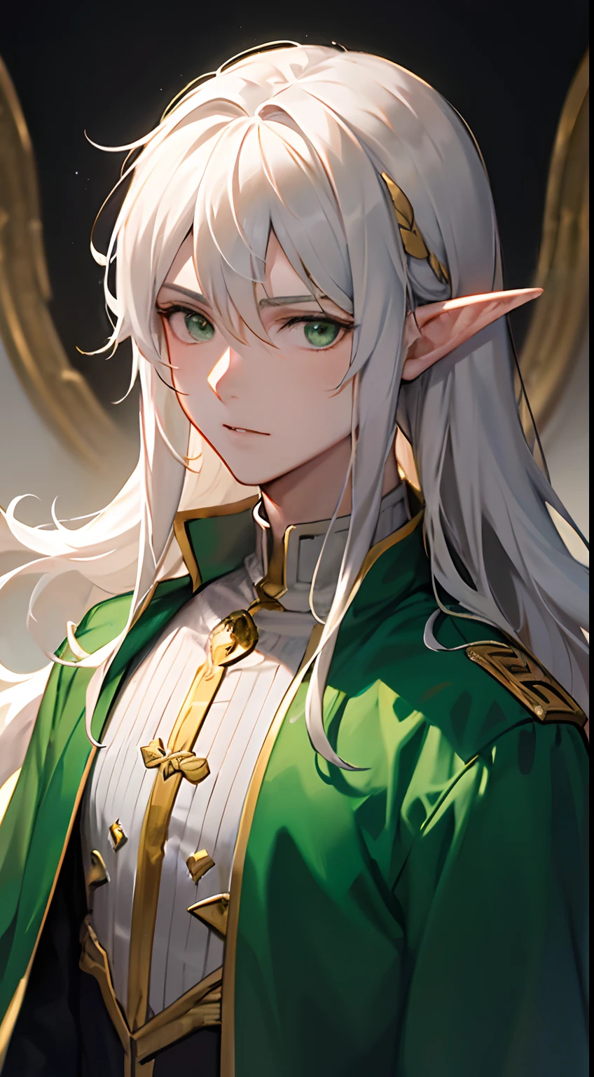 anime - style image of a man with long white hair and a green and gold outfit, beautiful androgynous prince, delicate androgynous prince, casimir art, portrait of magical blond prince, handsome guy in demon slayer art, a portrait of a male elf, portrait of fin wildcloak, in dark robes with gold accents, white haired deity