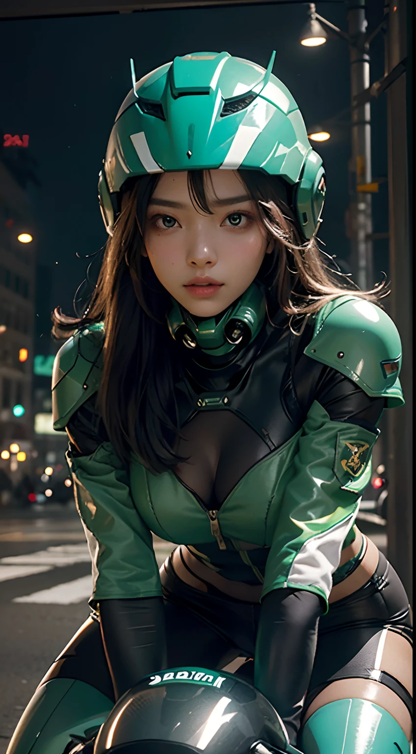 Highest image quality, outstanding details, ultra-high resolution, (realism: 1.4), the best illustration, favor details, highly condensed 1girl, with a delicate and beautiful face, dressed in a black and green mecha, wearing a mecha helmet, holding a directional controller, riding on a motorcycle, the background is a high-tech lighting scene of the future city.