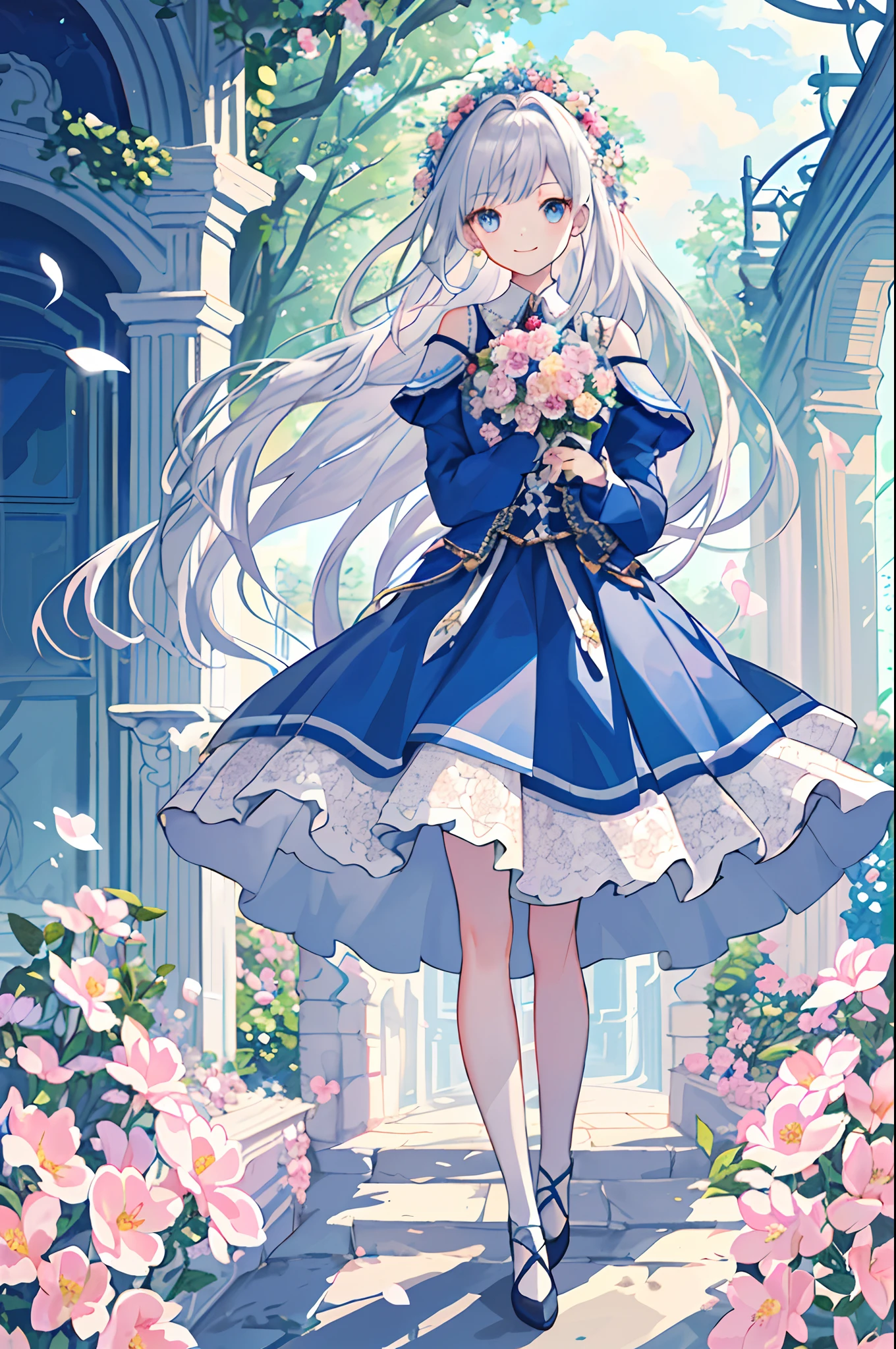 (tmasterpiece、top-quality、illustratio、Extremely high quality、high-level image quality、Extremely sensitive writing)Girl with long silver hair standing in beautiful flowery garden、A slight smile、She has a large bouquet、Cute national costume style dress，There are ruffles on the shoulders、Hair fluttering in the wind