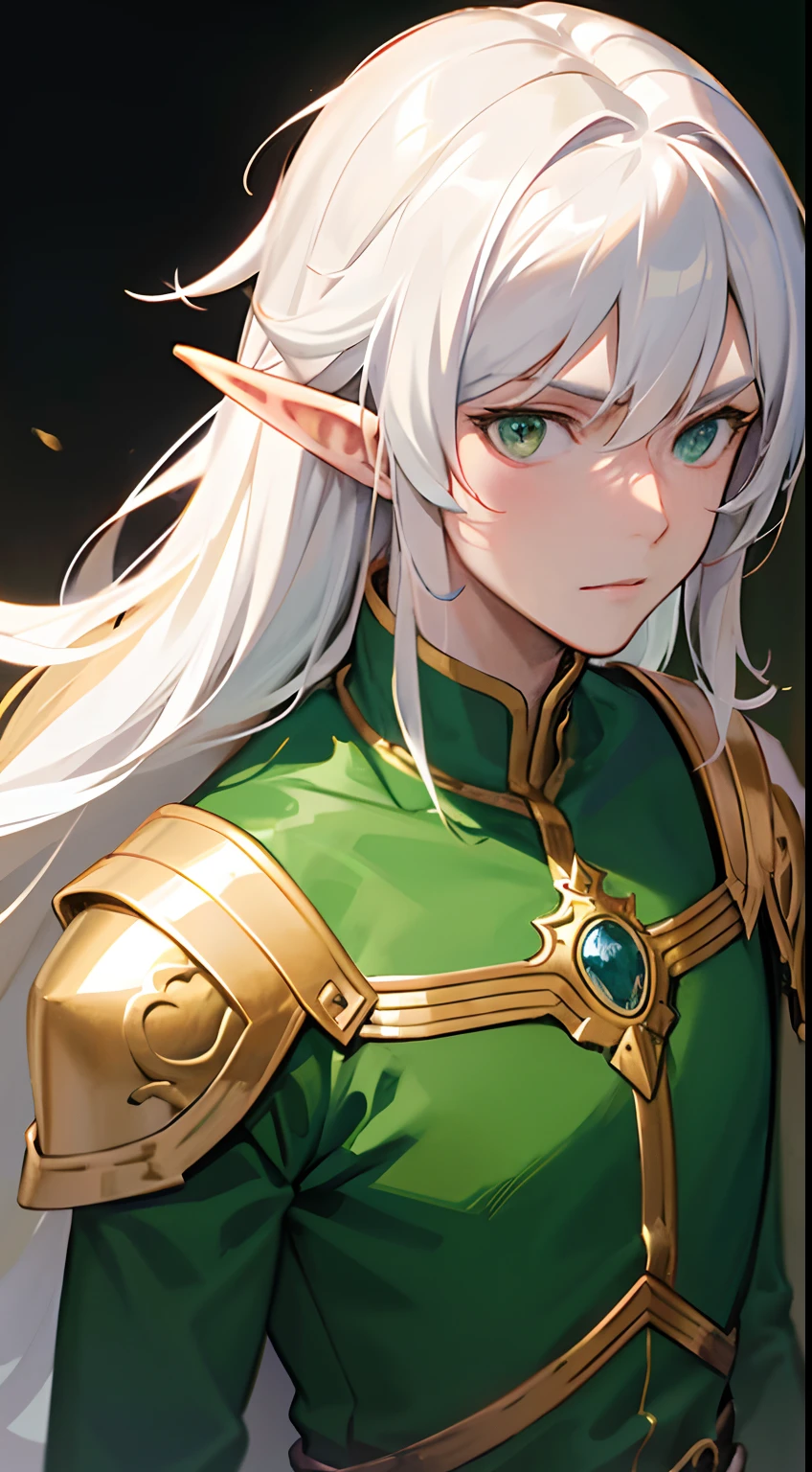 anime - style image of a man with long white hair and a green and gold outfit, beautiful androgynous prince, delicate androgynous prince, casimir art, portrait of magical blond prince, handsome guy in demon slayer art, a portrait of a male elf, portrait of fin wildcloak, in dark robes with gold accents, white haired deity