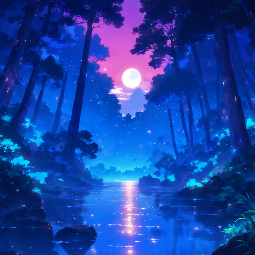 Official art, 8k Wallpaper, best quality, masterpiece, perfect image, ultra detailed, high quality, clean image, pacific forest background, blue forest, blue trees, blue grass, blue ilumination, beautiful blue lights, night time, crystalline lake, blue lake, breathtaking beauty, volumetric lighting, volumetric shadows, sharp focus, Background with: trees, moonlight, moonrise, water, leaves, rocks, clouds.