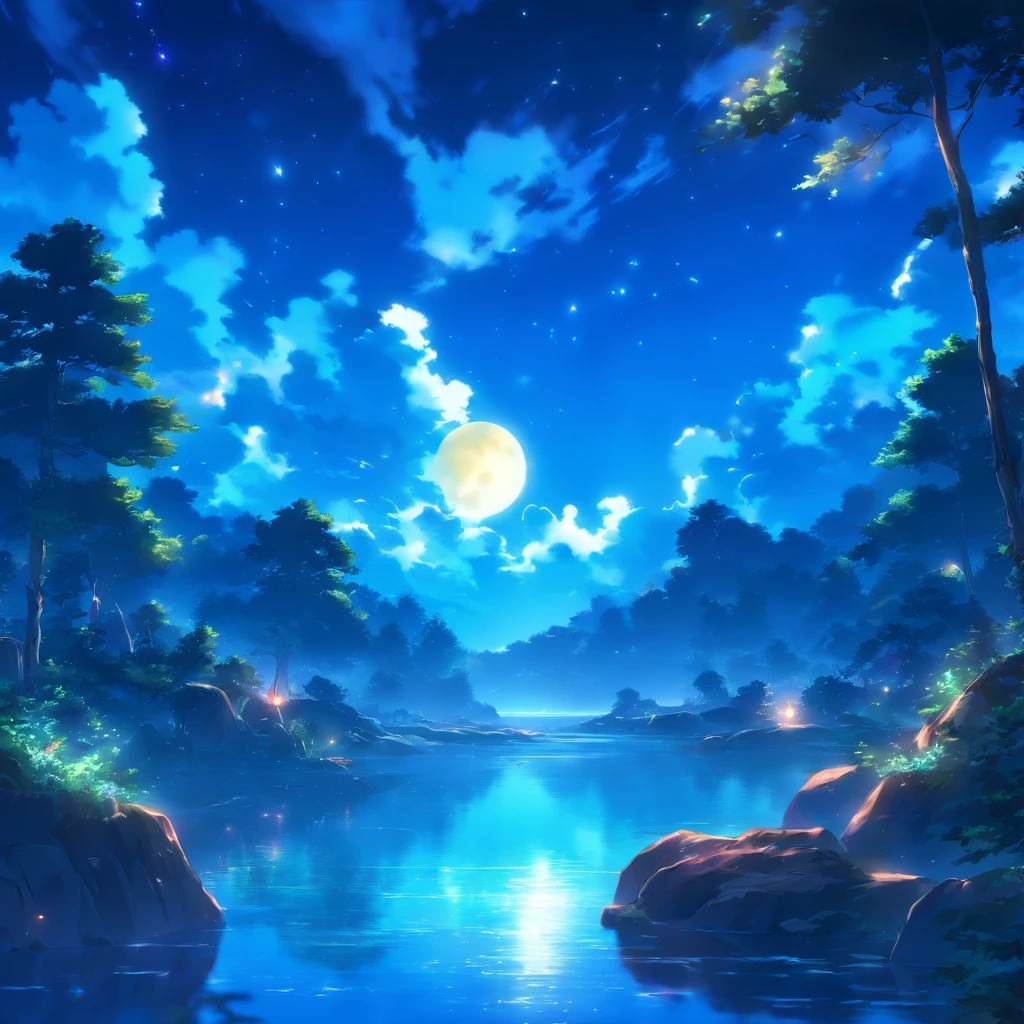 Official art, 8k Wallpaper, best quality, masterpiece, perfect image, ultra detailed, high quality, clean image, pacific forest background, blue forest, blue trees, blue grass, blue ilumination, beautiful blue lights, night time, crystalline lake, blue lake, breathtaking beauty, volumetric lighting, volumetric shadows, sharp focus, Background with: trees, moonlight, moonrise, water, leaves, rocks, clouds.