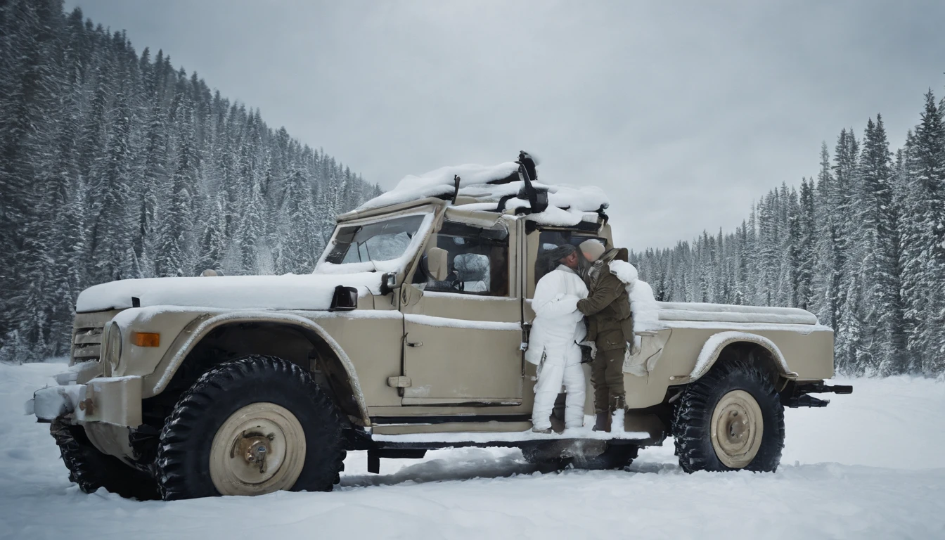 A reenactment image of Simo Häyhä in his white camouflage suit, hidden in the snowy wilderness.