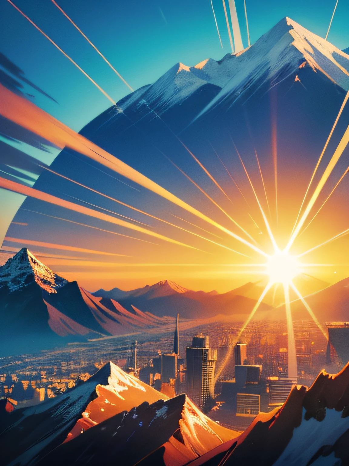 circular design, t-shirt design, skyline with mountains and bright sun, 16K, Pixar, jpeg artifacts, isometric, Fujifilm