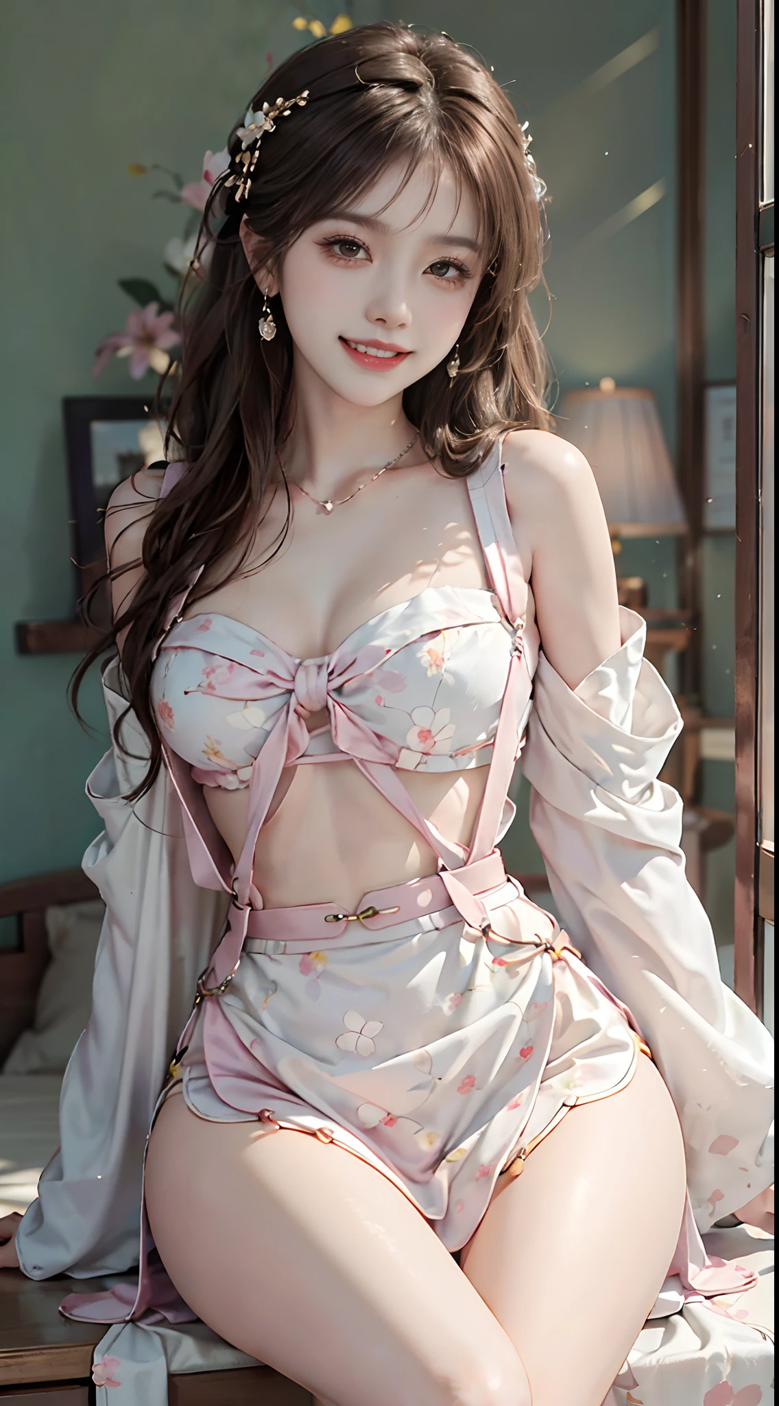 ((upper body)), ((from below)), ((realistic)), 1 Asian female model, A young girl, (Close up), (Being in the room, Sit Pose, Leaning against the dresser), Look out the window, Pleasing posture, Eye-catching poses, Detailed scenes, Coiled hair, Hairpins, Beautiful hair accessories, Brownish-yellow hair, light make-up, Blushlush, Gloss on lips, ((No chest leakage)), ((White floral Hanfu, Light pink suspenders, cropped shoulders, high-waist, Nice belt)), ((warm lights, a warm color palette)), (Extremely high color saturation), Detailed details, ultra-detailliert, (tmasterpiece, best qualtiy), (An extremely delicate and beautiful work), Delicate earrings, Delicate necklace, Simple blurred background, Extreme detail description, Ultra-fine painting, Delicate face, slim toned body, Slimming the waist, (grin, happy grin, Baring teeth), (anatomy correct)