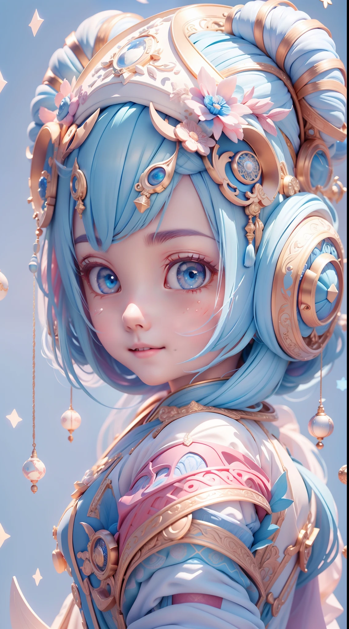 Chinese hair bun, Oriental antique, Cute and beautiful {Russian} Blue eyes girl in spaceship and spaceship,As well as UFOs wearing clothes with geometric sacred symbols, In Earth orbit, Northern Lights, Ultra-realistic soft sunlight lighting, {smooth soft skin}, Sharp eyes, beautiful intricate {Pink and white and soft blue hair}, soft pink lips, Symmetrical face, Anime Big blue eyes, Soft lighting, Gently {Shy smile}, Cute smile, looking at the camera in, highly detailed {There are reflective eyes}, Bright, Soft light shines from behind, {Sacred geometric and geometric symbols on the face}, stars, sky, sacred geometry, Light language saves the background, neonlight, (lightroom) Red:68% Blue:41% Green:37% filmgrain_minimal, Texture:+25%, Clarity: +40%, Contrast:+15%, Shadows: +11% , Sharpen:100%