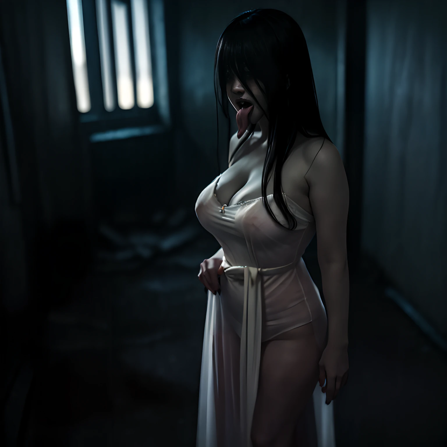 (​masterpiece, Best Quality), (yamamura_Sadako:1.55, Black hair, Super long hair, White sheer dress:1.5, Long bangs:1.75, eyes are hidden by long bangs:1.5, Bare legged:1.2), (Exposed super-giant cleavage:1.5, Exposed details under sheer dress:1.3, Tongue out:1.7, Super Skinny Body Style:1.2, Full body shot), (Standing in an abandoned house:1.5, in Japan, Dark atmosphere:1.55, Darkness of the night:1.55, Dark room:1.55, Horror house atmosphere:1.55),