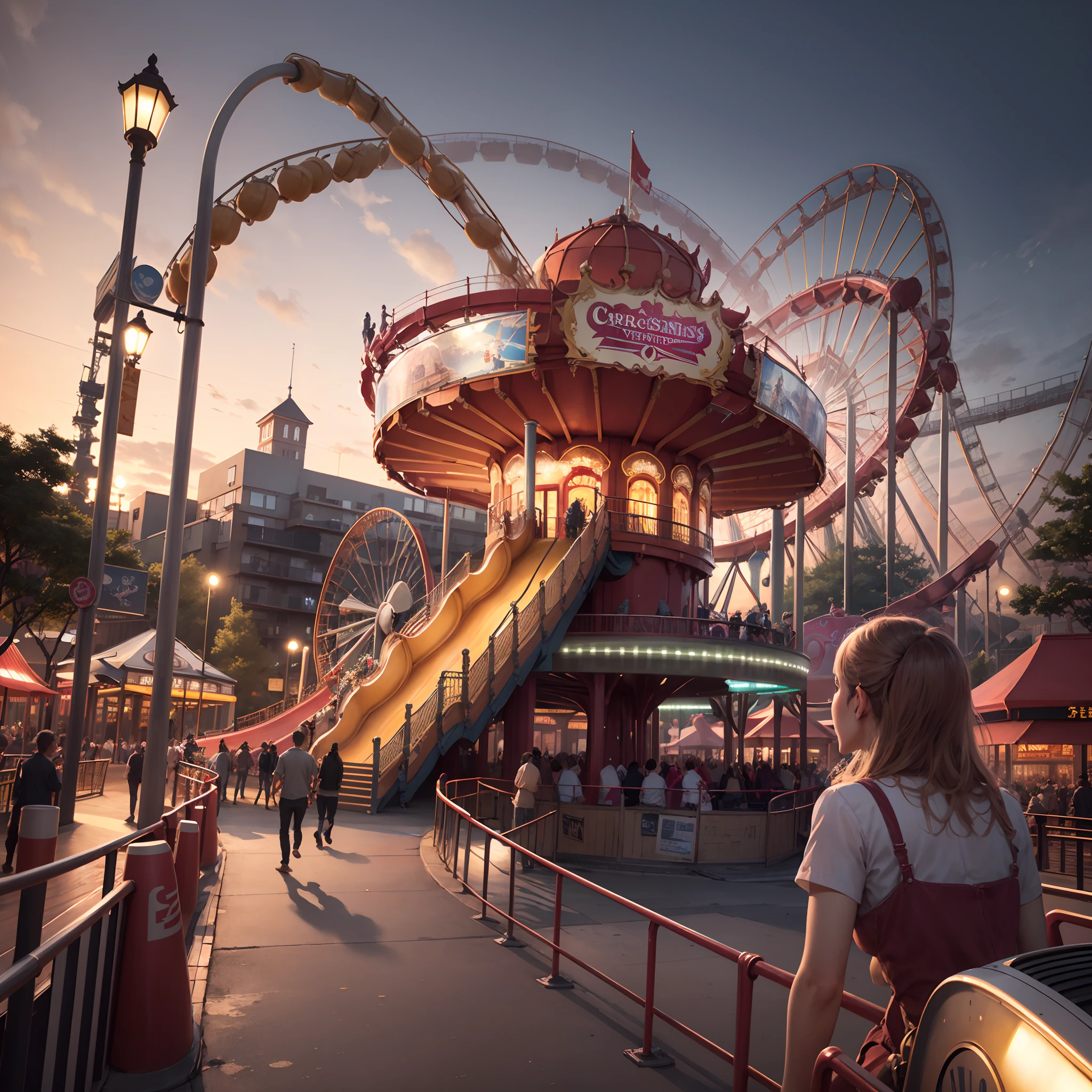 realistic、An amusement park、Roller coaster in the background、early evening、Merry-go-round on the right、No people in the picture