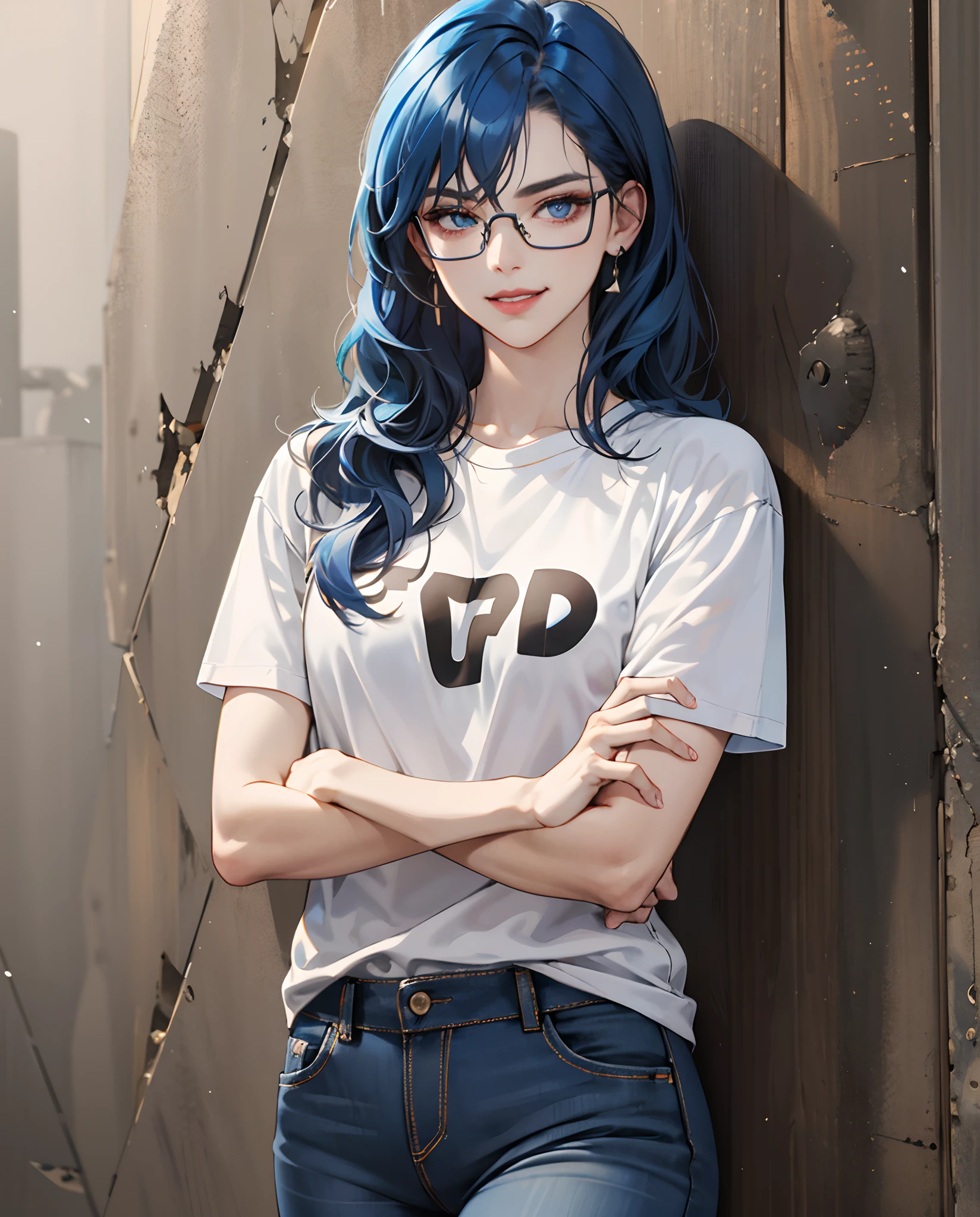 (masterpiece,HD,uhd,detailed face,perfect face, intricate details,smirk, detailed eyes,detailed retina, arms crossed), best quality,glasses,smirking,arms crossed,arms crossed,wavy hair,standing near wall,blue hair,tall woman,T-shirt,jeans, expressive eyes, perfect face, parted lips, red lips, bad-girl, mature female,