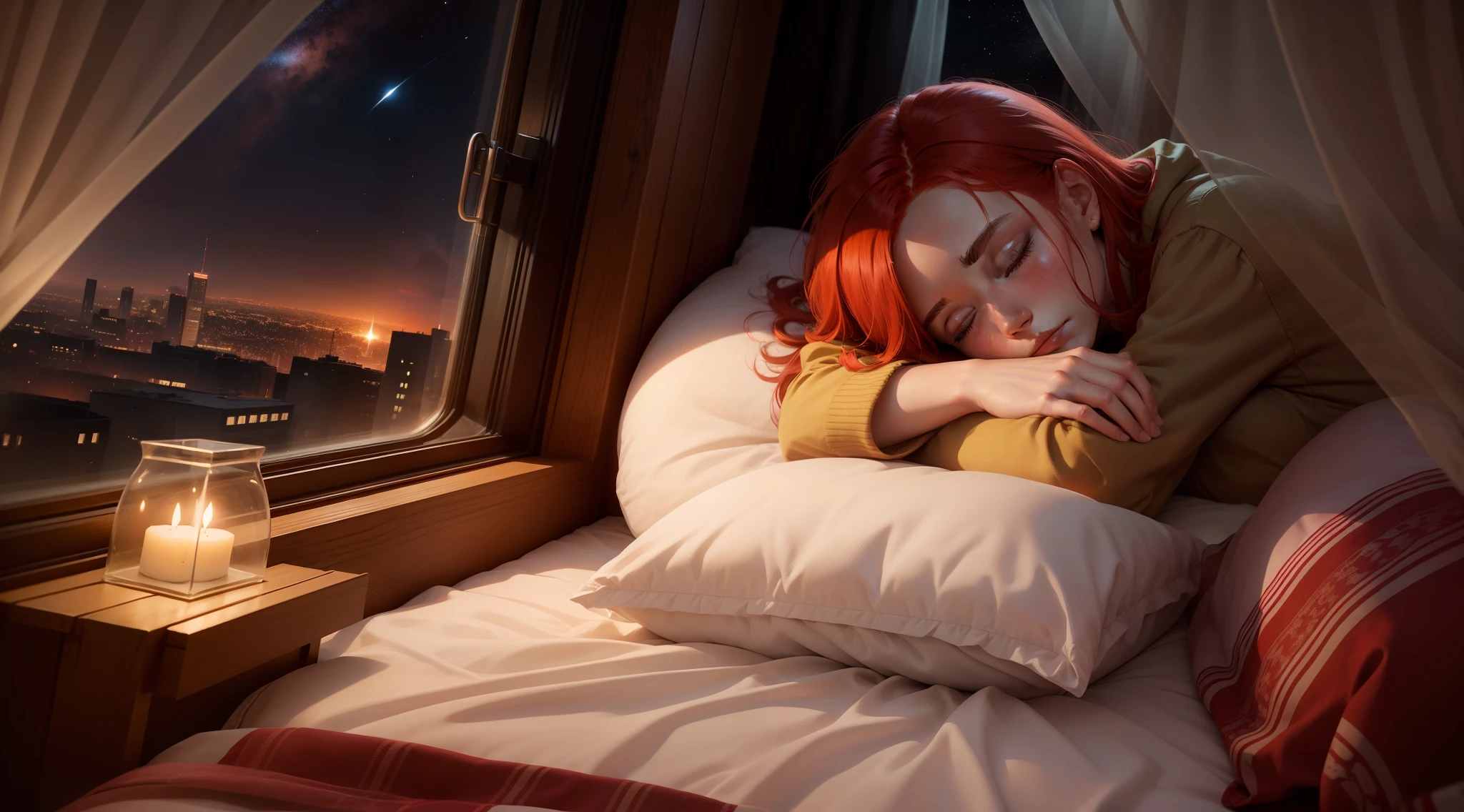Girl with red hair sleeping on bed, The girl is asleep, covered eyes, The Sleeping Man, Bed by the window, The space outside the window, the night