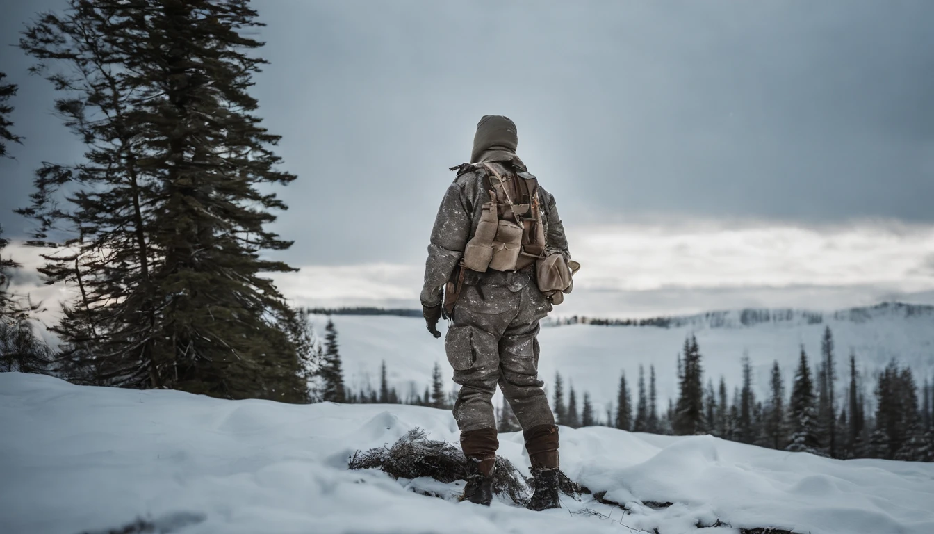 A reenactment image of Simo Häyhä in his white camouflage suit, hidden in the snowy wilderness during world war 2