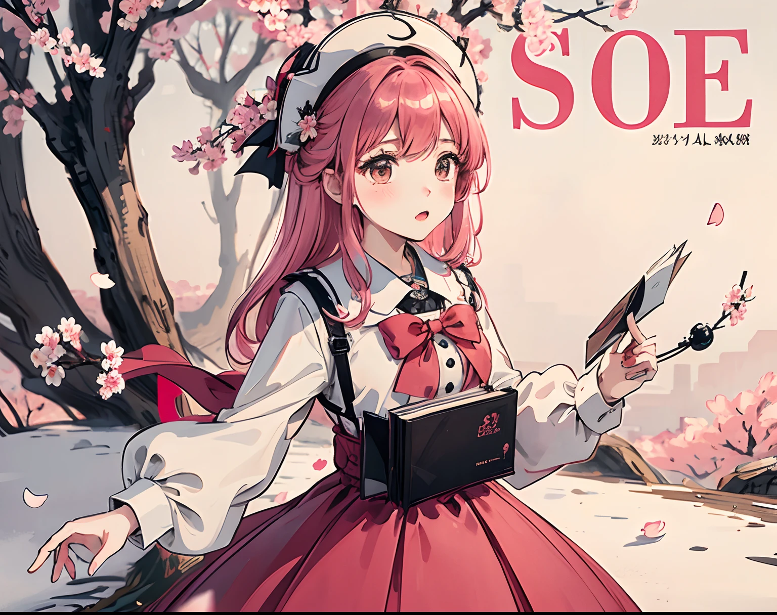(masuter piece,Best Quality,Ultra-detailed), (A detailed face),1girl in, Pink hair, School uniform, Red thin ribbon indistinct, Floral ornament, Very detailed, Dynamic Angle, cowboy  shot, Most Beautiful Forms Chaotic, elegent, Fauvistdesign, Bright colors, romanticism, michal mraz, Adrian Ghenny, petra cortright, Atmospheric, ecstatic notes, (looking at the viewers), (magazine:1.3), (cover-style:1.3), Font,magazine style,Cherry branches,cherryblossom