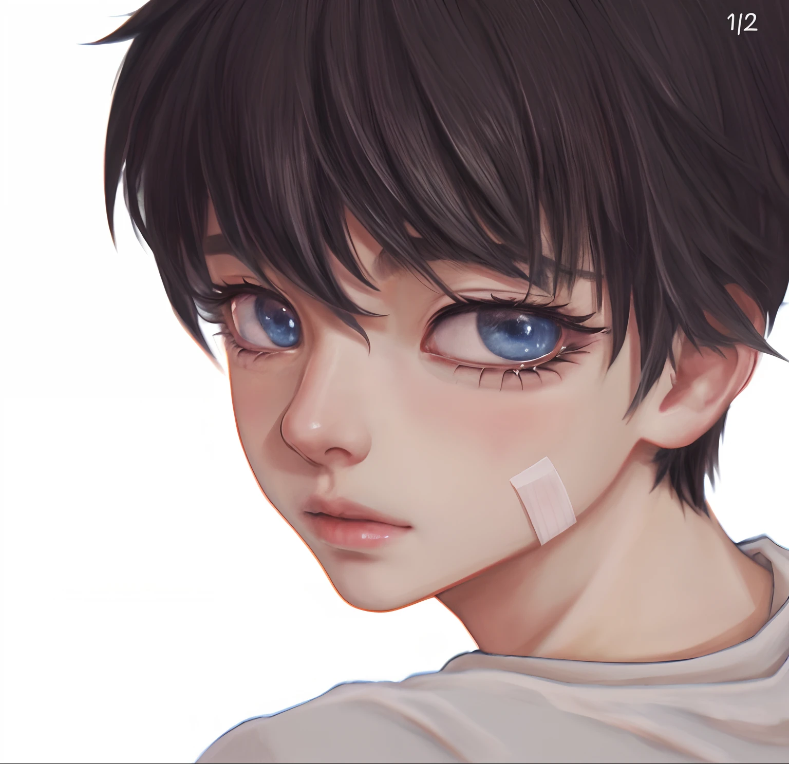 Anime boy with tape on his face, anime realism style, semirealistic anime style, realistic anime artstyle, Realistic anime 3 D style, Realistic anime art style, Detailed anime soft face, Digital anime illustration, Anime realism, made with anime painter studio, Kawaii realistic portrait, Anime style portrait, drawn in anime painter studio, semi realistic anime, high detailed face anime