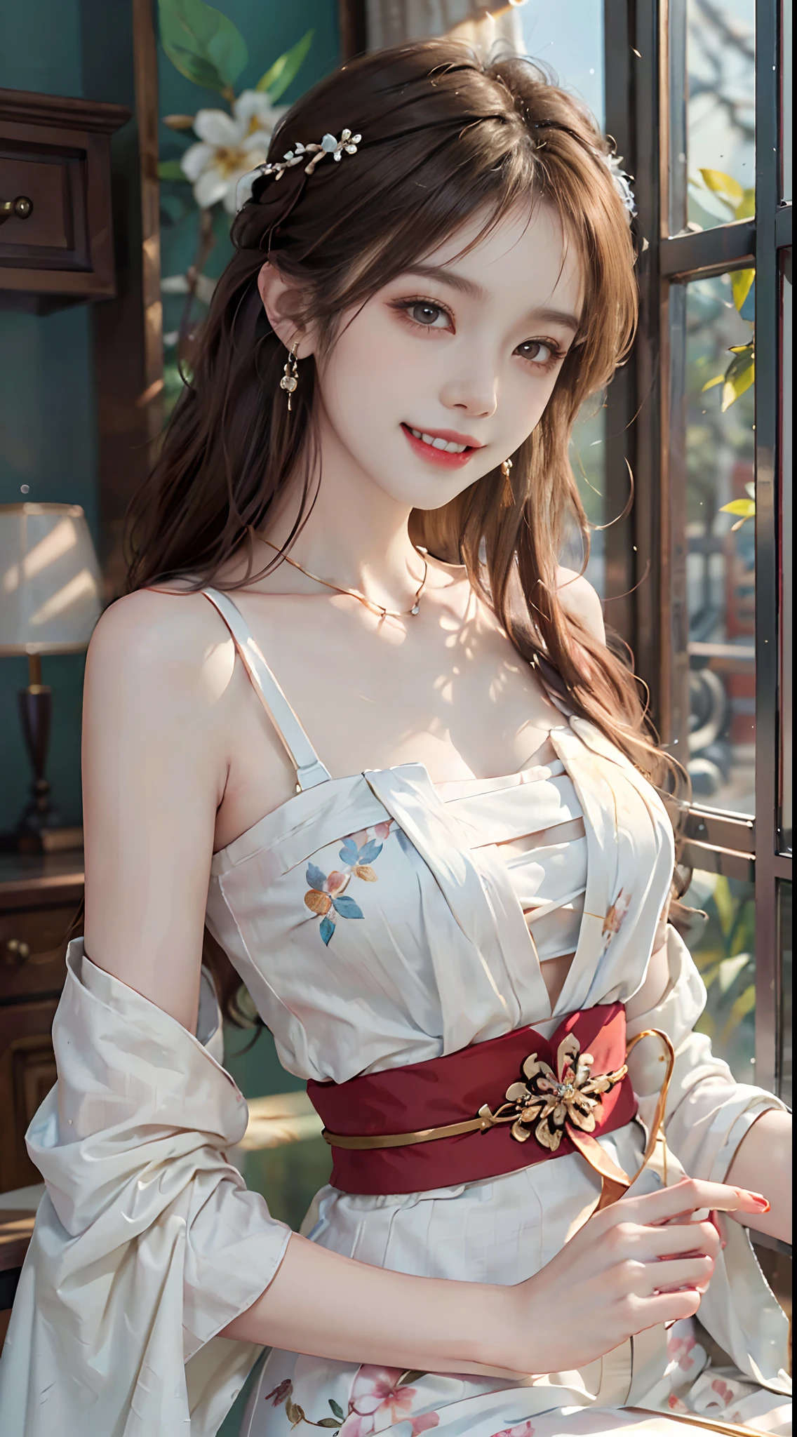 ((upper body)), ((from below)), ((realistic)), 1 Asian female model, A young girl, (Close up), (Being in the room, Sit Pose, Leaning against the dresser), Look out the window, Pleasing posture, Eye-catching poses, Detailed scenes, Coiled hair, Hairpins, Beautiful hair accessories, Brownish-yellow hair, light make-up, Blushlush, Gloss on lips, ((No chest leakage)), ((White floral Hanfu, Light pink suspenders, cropped shoulders, high-waist, Nice belt)), ((warm lights, a warm color palette)), (Extremely high color saturation), Detailed details, ultra-detailliert, (tmasterpiece, best qualtiy), (An extremely delicate and beautiful work), Delicate earrings, Delicate necklace, Simple blurred background, Extreme detail description, Ultra-fine painting, Delicate face, slim toned body, Slimming the waist, (grin, happy grin, Baring teeth), (anatomy correct)
