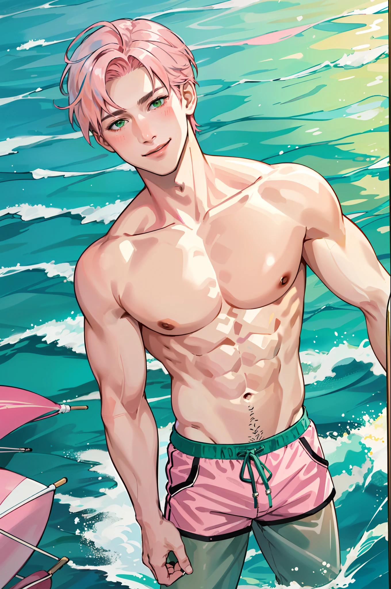 A young white haired man with red eyes in a swim trunks is eating watermelon at the beach