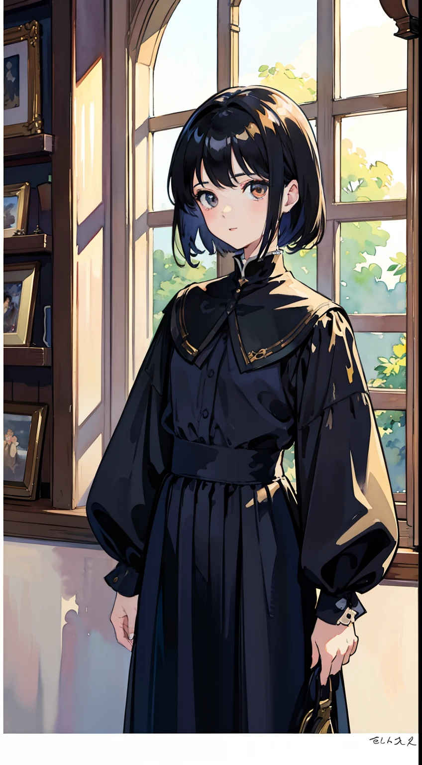 ((Watercolor by singer Sargent))、(top-quality、masterpiece)、1girl in、、A stunning、Short black hair、校服、long skirt、cafes、window、small tits、tiny chest、