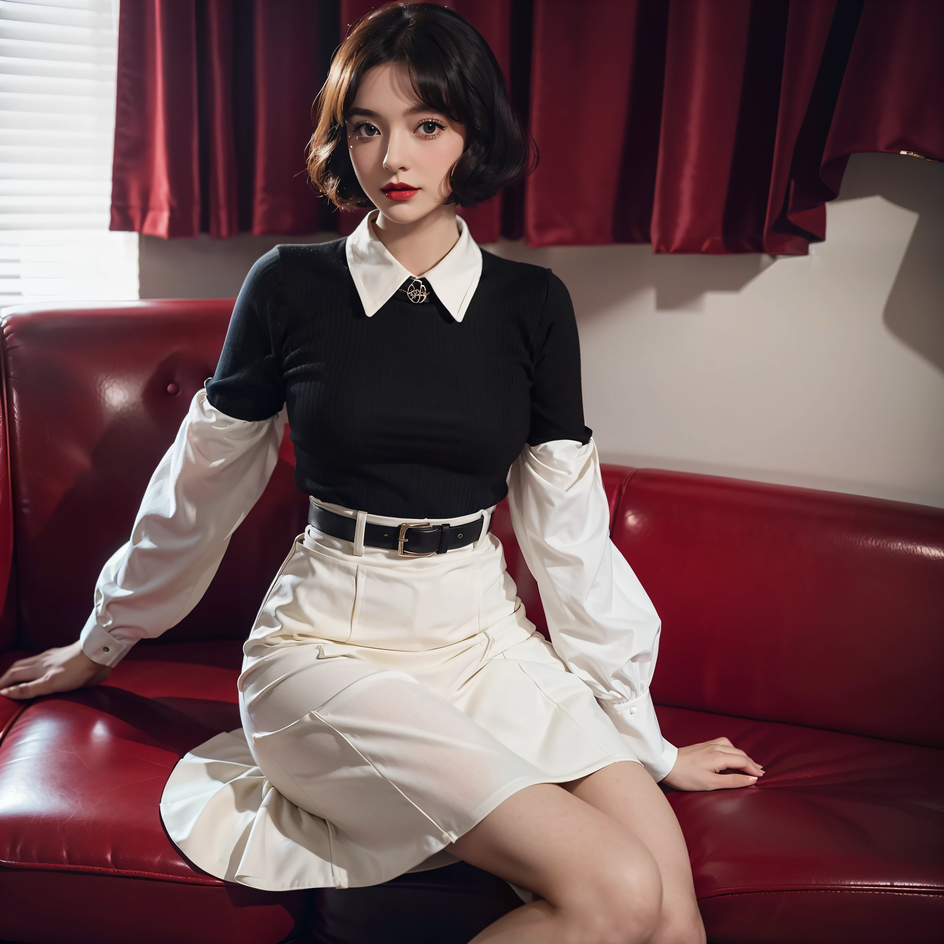 Mallory Malone's costume description is very detailed and、、Features a unique and interesting style. In a white long-sleeved blouse of your choice、A fitted black knee-length skirt with red accents creates a striking visual contrast. The addition of a black heel with ankle strap is、Adds a classy touch to the look. Apart from clothes, Vintage 1950s Bob Hairstyles、Adds a retro and timeless element to Mallory Malone's style. This type of hairstyle is、Known for its neat and short appearance, Typically、Jaw length with both ends turned inward. This hairstyle selection is、Add a vintage touch to the look、Complements Mallory's overall style. Makeup also plays an important role in the appearance of Mallory Malone. Although there are no specific details about makeup mentioned in the description, It is possible to imagine that she may be rocking a 1950s-inspired look.