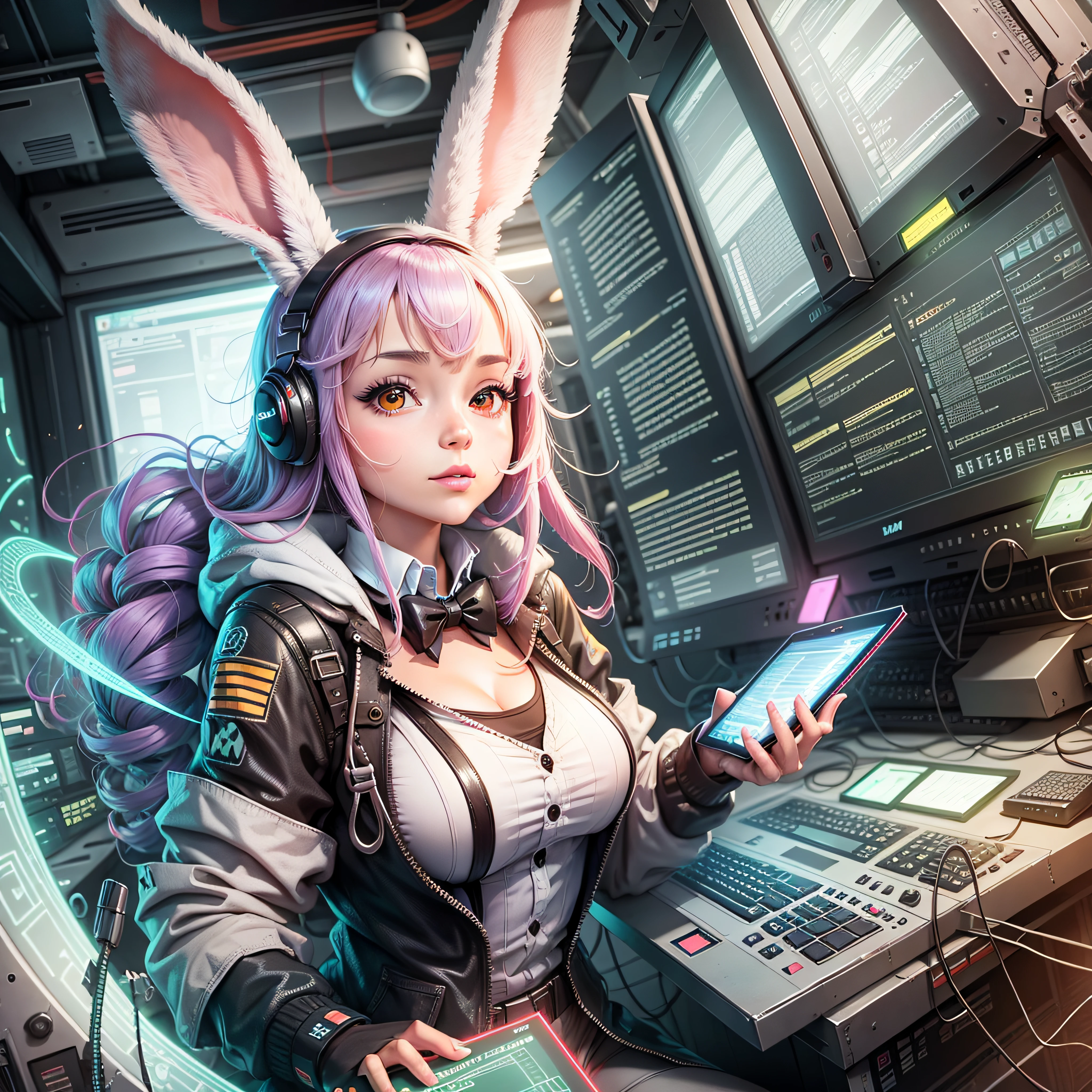 kawaiitech,pastel color, kawaii, cute colors ,scifi, pink,
scholar , scroll, 1girl ,long hair, pale skin,white hair, glowing eyes, smile ,closed mouth,bob cut, rabbit ears