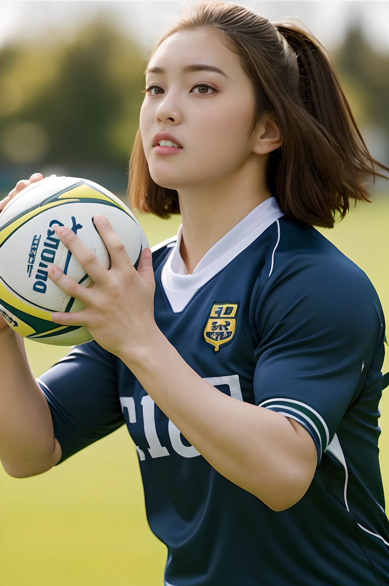 1人の女性、low angle shot、is standing、20yr old、Raw photo、masterpiece、top-quality、ultra-detailliert、japanes、Like Korean idols、Blonde with brown and black hair、(a small face:1.4)、(eye liner:1)、eyeshadows、(well-muscled:1.4、Large body:1.2、thick arms:2、thick leg:4)、rugby uniform、Shorthair、Bring out your forehead、Dynamic Pose、Looking at the camera、Holding a rugby ball、Rugby field、(Delicate skin:1.4)