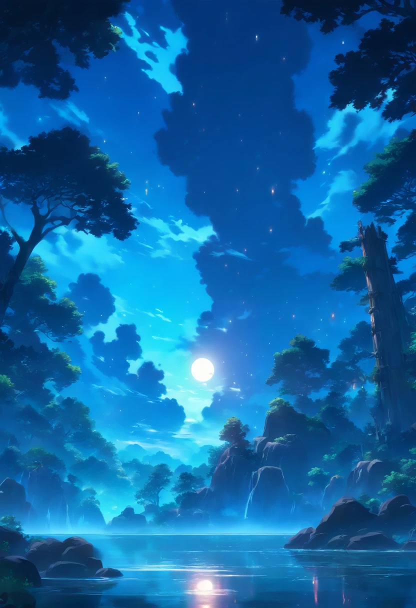 Official art, 8k Wallpaper, best quality, masterpiece, perfect image, ultra detailed, high quality, clean image, pacific forest background, blue forest, blue trees, blue grass, blue ilumination, beautiful blue lights, night time, crystalline lake, ((everything blue)), blue rocks, blue ilumination, blue sky, dark sky, blue lake, breathtaking beauty, volumetric lighting, volumetric shadows, sharp focus, Background with: trees, moonlight, moonrise, water, leaves, rocks, clouds.