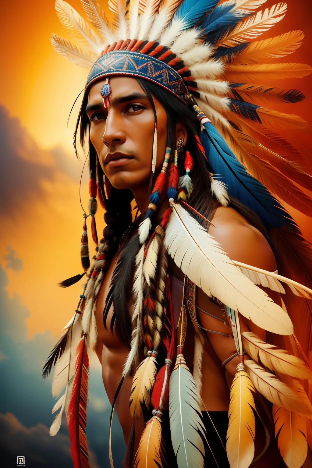 Hyperrealistic cinematic image of a native Indian with feathers on his head, Arte nativa americana, Indian warrior, Nativo americano, Guerreiro nativo americano, Arte nativa, Um guerreiro nativo americano, indigenous man, eagle feather, Guerreiro habilidoso do Apache, warrior spirit, american indian headdress, indigenous art, : native american shamen fantasy, Indigenous, native american folk art, Arte indiana fotografiarrealista, fotografia, obra-prima, realista, Realismo, renderizado, Alto contraste, digital art photographyrealistic trend in Artstation 8k HD high definition detailed realistic,  detalhado, textura da pele, hiper detalhado, textura de pele realista, armadura, melhor qualidade, ultra high-resolution, (fotografiarrealista: 1.4), alta resolução, detalhado, Calado bruto, sharp re, por lee jeffries Nikon D850 Filme Fotografia de Stock 4 Kodak Portra 400 Lente F1.6 Rich Colors Realistic Texture Dramatic Texture Dramatic Lighting Irrealengine Trend on Artstation Cinestill 800