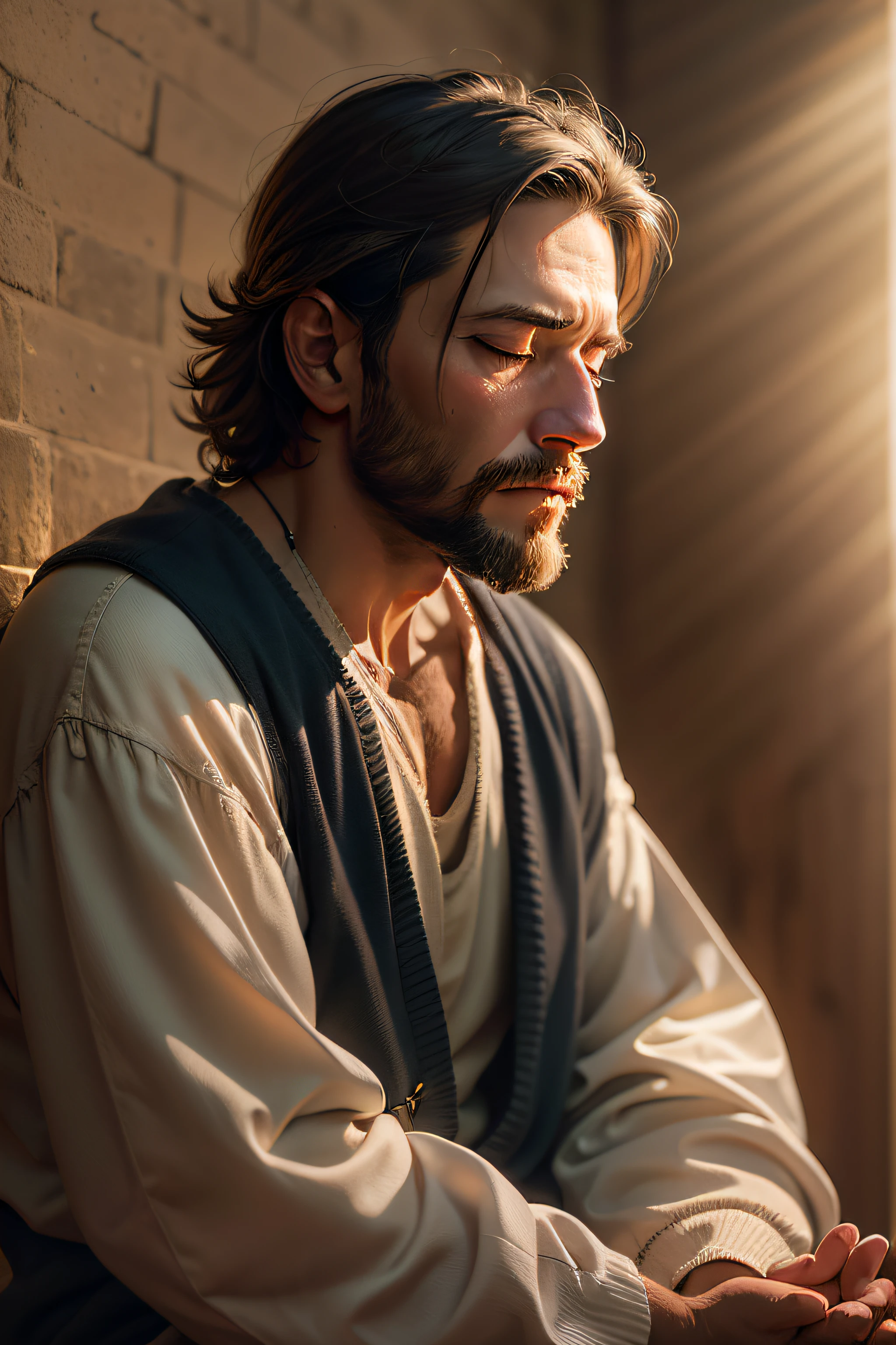 realistic picture of a simple man praying, in a calm and peaceful place and a ray of light shines on his face