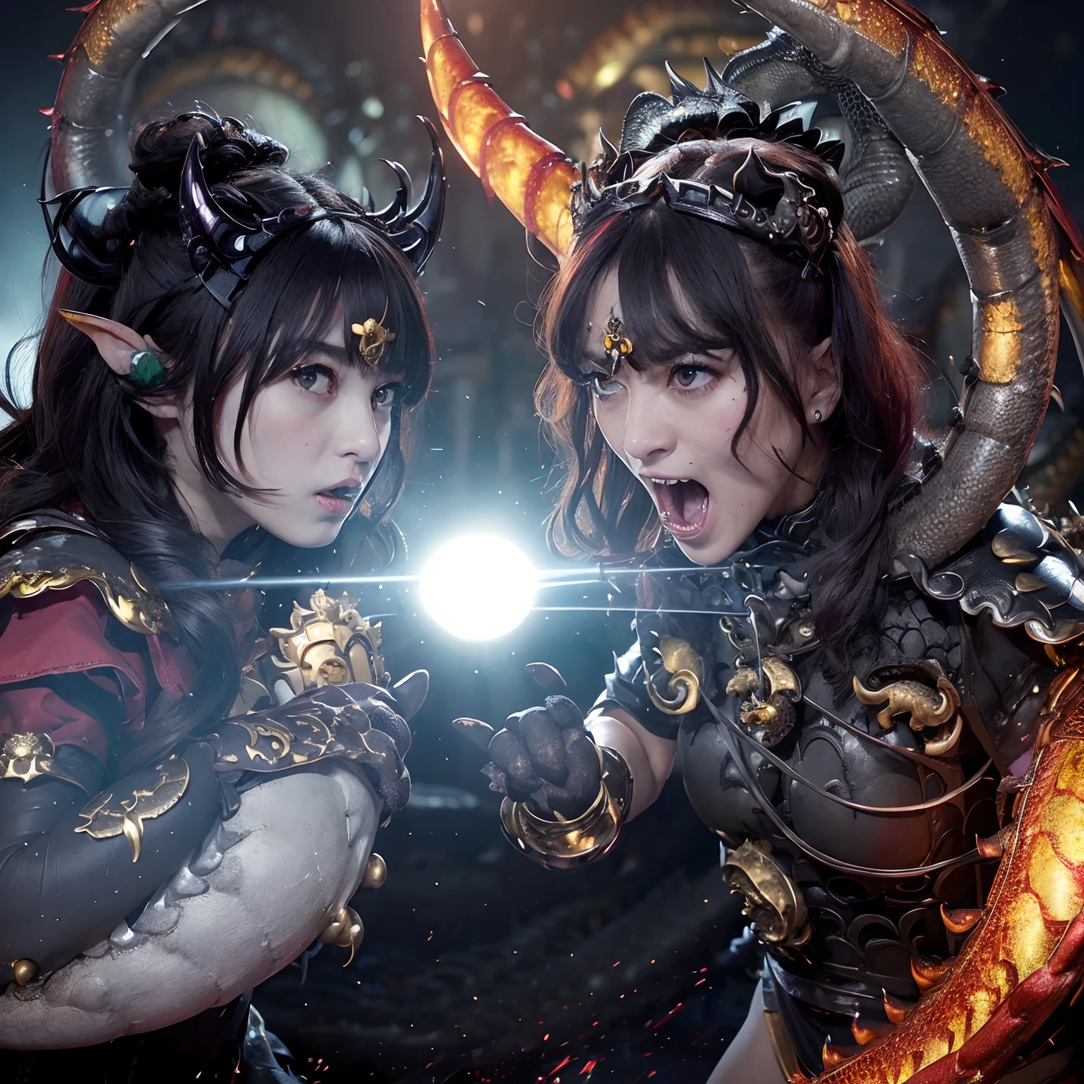 (The Ultimate Beauty Face), Professional , masterpiece、top-quality、photos realistic , depth of fields (Gemstone Black Metal Body:1.4),(Matte Black、(cleavage of the breast)、Dragon Gold Weapon,Mystical expression、Particles of light、((((Fight dragons)))、(a beauty girl)、(Dragon Metal Body:1.4),Gorgeous Silver Weapons ,(( Dragon's dense and gorgeous sword)) , Beautiful knife ,warhammer 40k , adepta sororitas,Detail and gorgeous crown、((Red hair))、(Castle background)、、((Gangle's forest background))、Beautiful Caucasian beauty、1a person、dynamic ungle,(((Detailed and ornate Black Devil Crown)))、Smaller head、A smile、Castle background、Thin and beautiful female hands、cleavage of the breast、Soldier in iron armor on background、Mystical expression、Light Effects、intense fighting、Wind-effect、magic circles、With the legendary magic wand、(demonic wings)、
