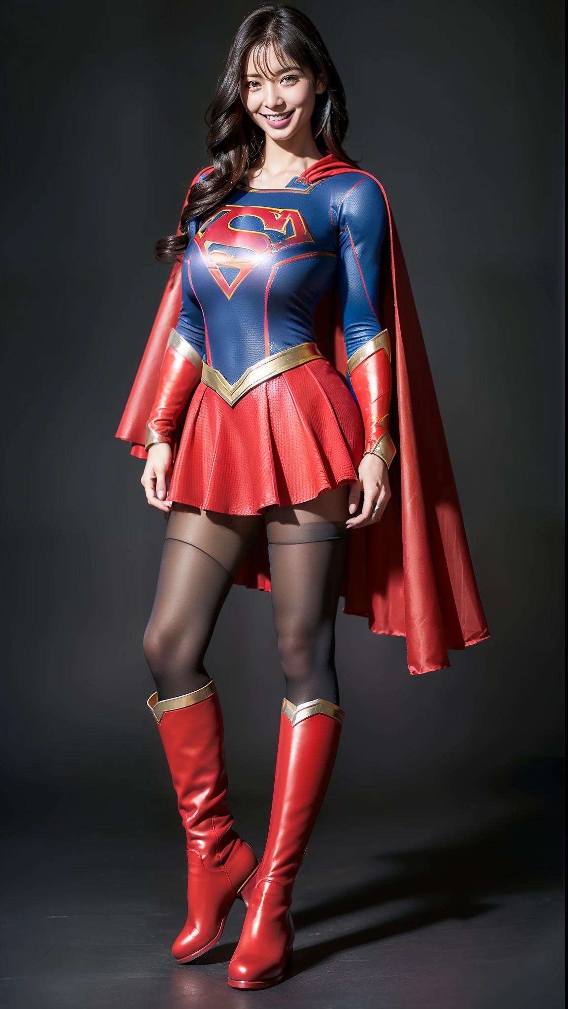 (((Make the most of the original image)))、(((Supergirl Costume)))、(((lustrous dark hair)))、(((Suffering)))、(((Feet must necessarily be worn with black tights)))、(((Smile)))、(((You need to wear red boots)))、((Top image quality、8K))、((top-quality、8K、masterpiece:1.3))、Crisp focus:1.2、Beautiful woman with perfect body shape:1.4、Slender Abs:1.2、((layers-Cut、large boob:1.2))、a wet body:1.5、Highly detailed facial and skin texture、